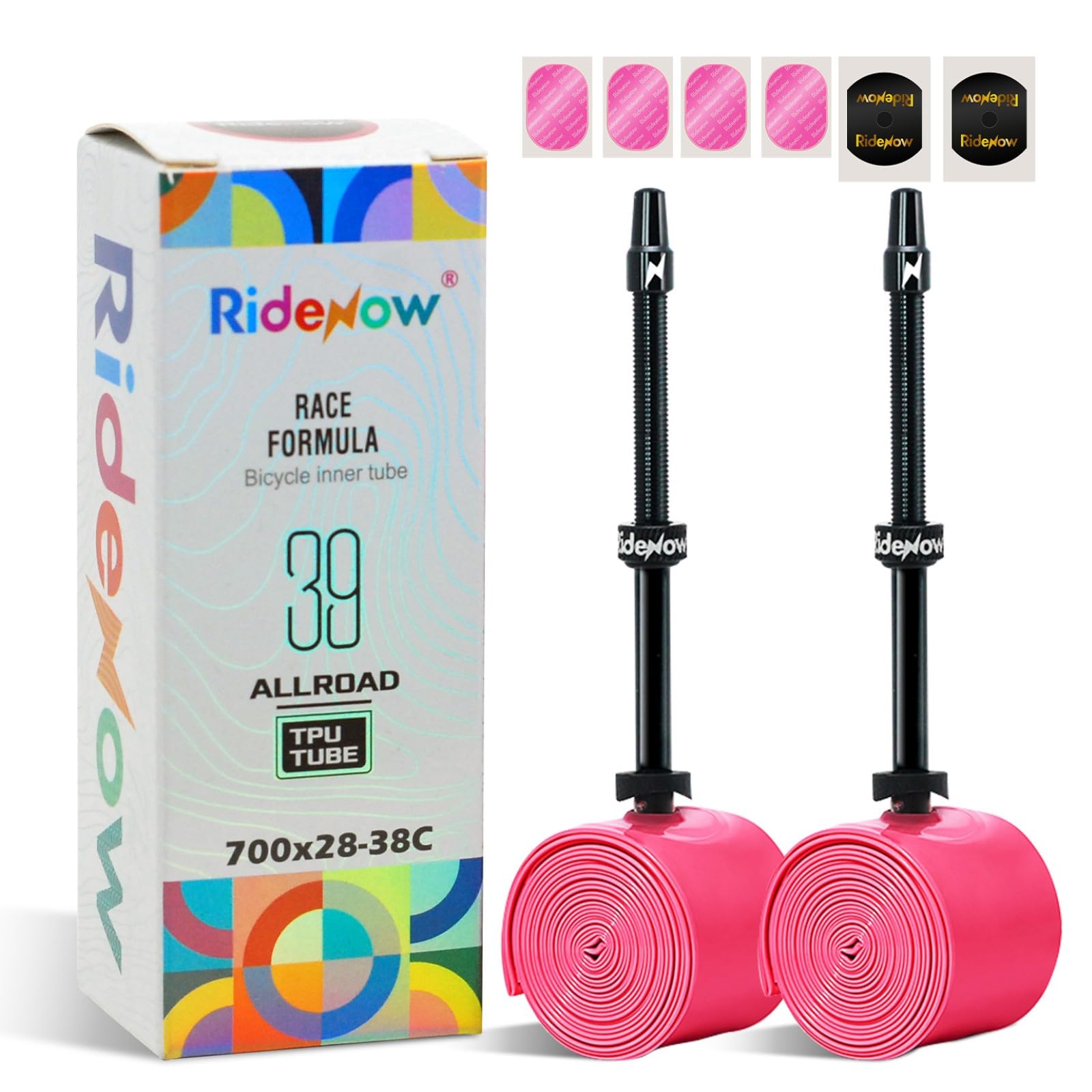 RideNow Camera d'aria in TPU per bici da strada, 39 g, 700 x 28C-38C, ultraleggero | Tubi per bicicletta con valvole Presta in metallo nero da 85 mm, resistenti alle forature, kit di riparazione incluso