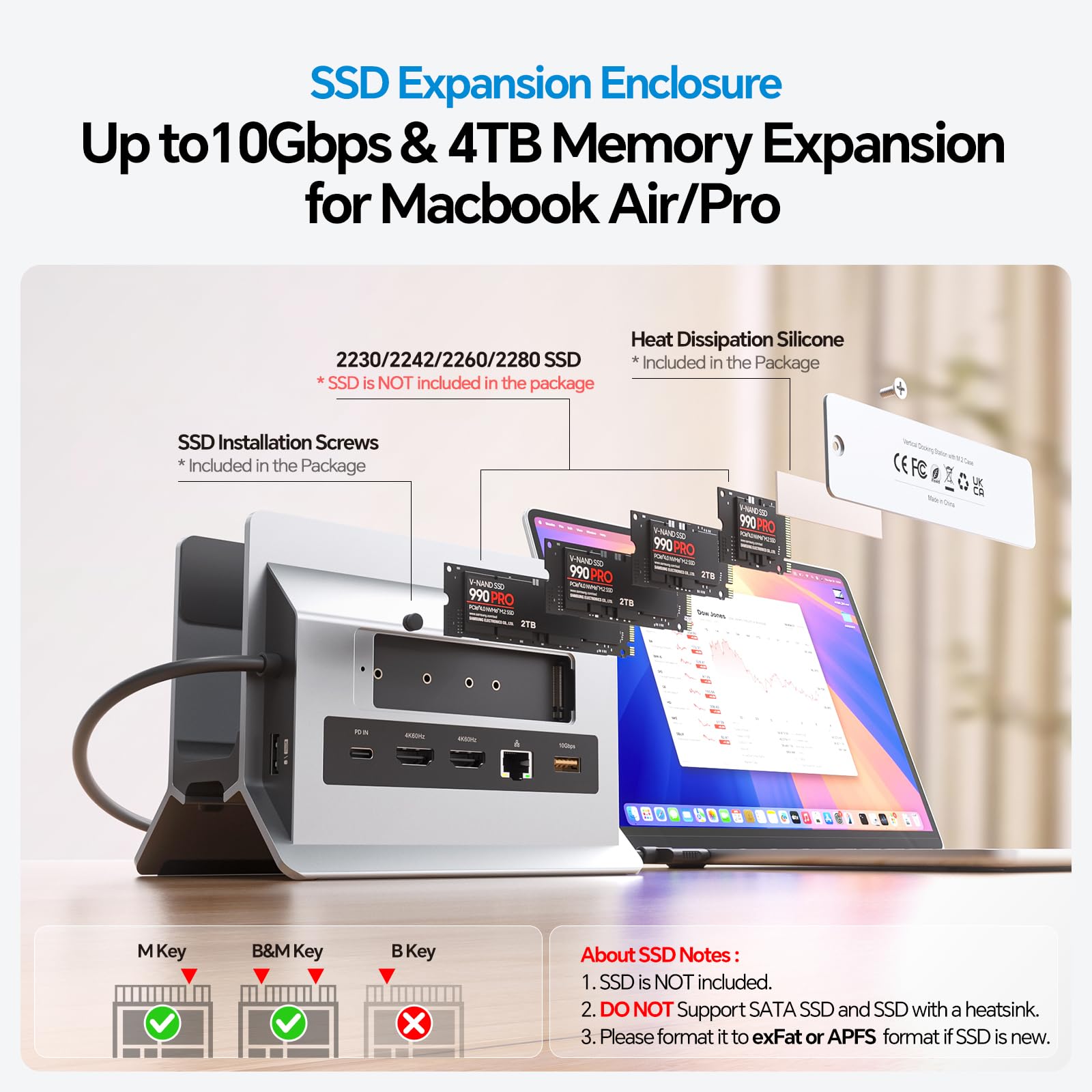 MacBook Docking Station Dual Monitor, Docking Station USB C per laptop con 2 HDMI 4K@60Hz, USB A/C 10Gbps, PD, Ethernet, M.2 SSD Case, Vertical Dock Stand SD/TF per MacBook Pro Air M3 M4 M5