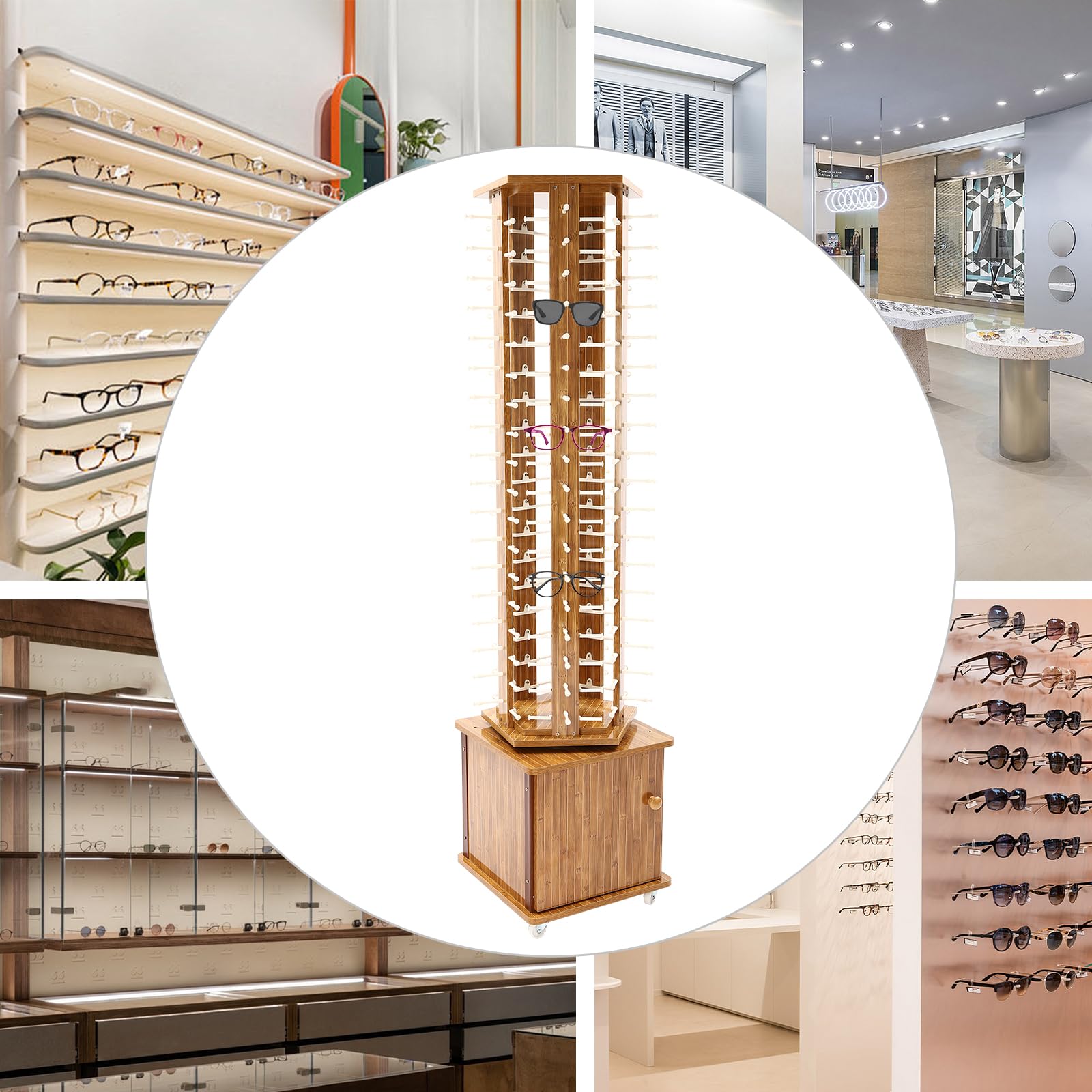 Soporte Giratorio con Ruedas para Guardar Gafas, Expositor De Pie para Gafas De Sol, Organizador Giratorio De 360° para Gafas..Dark Brown