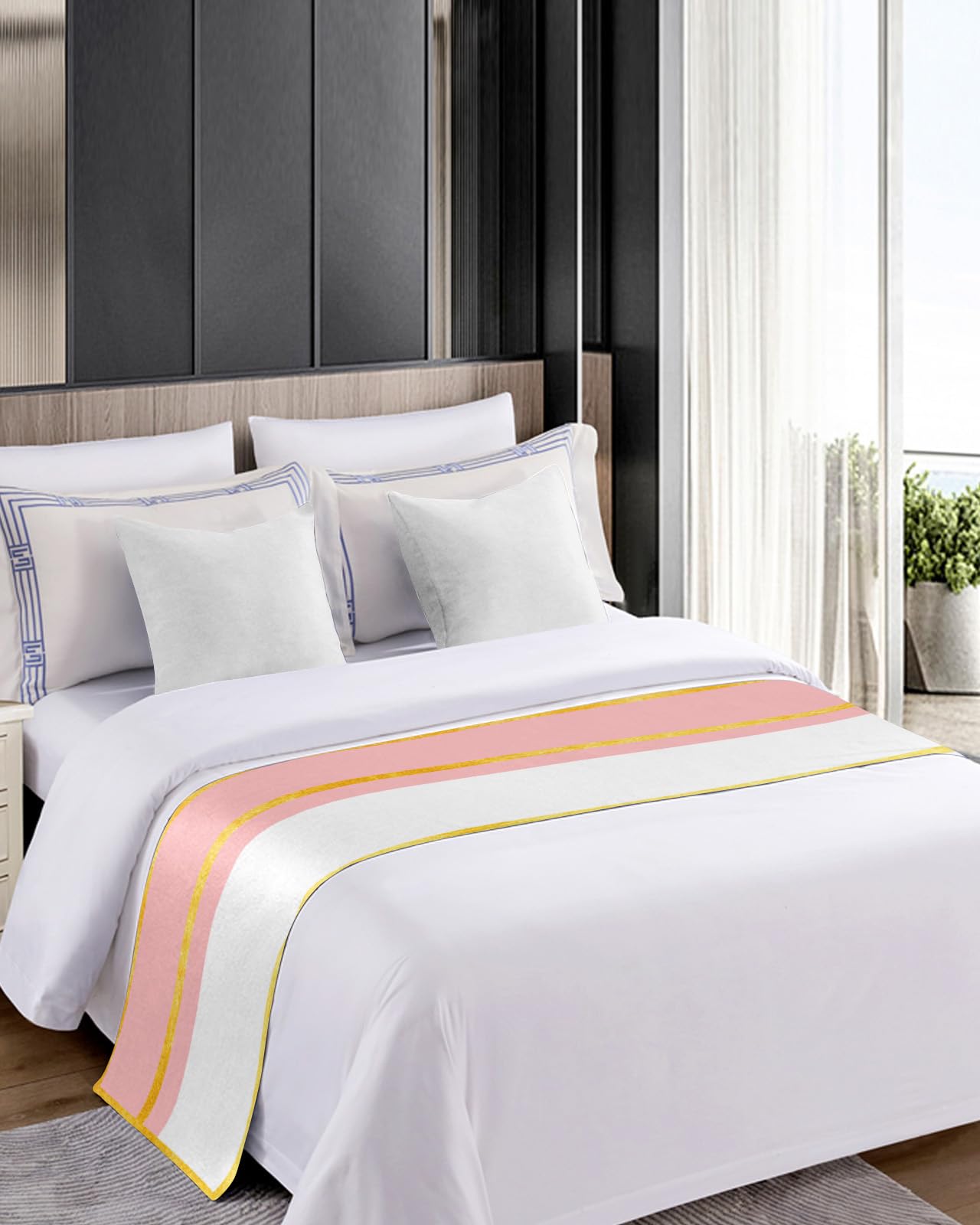 Black & Gold Striped King Size Bed Runner - 102x20 Inch Luxury Farmhouse Bed Scarf, Protector & Decoration