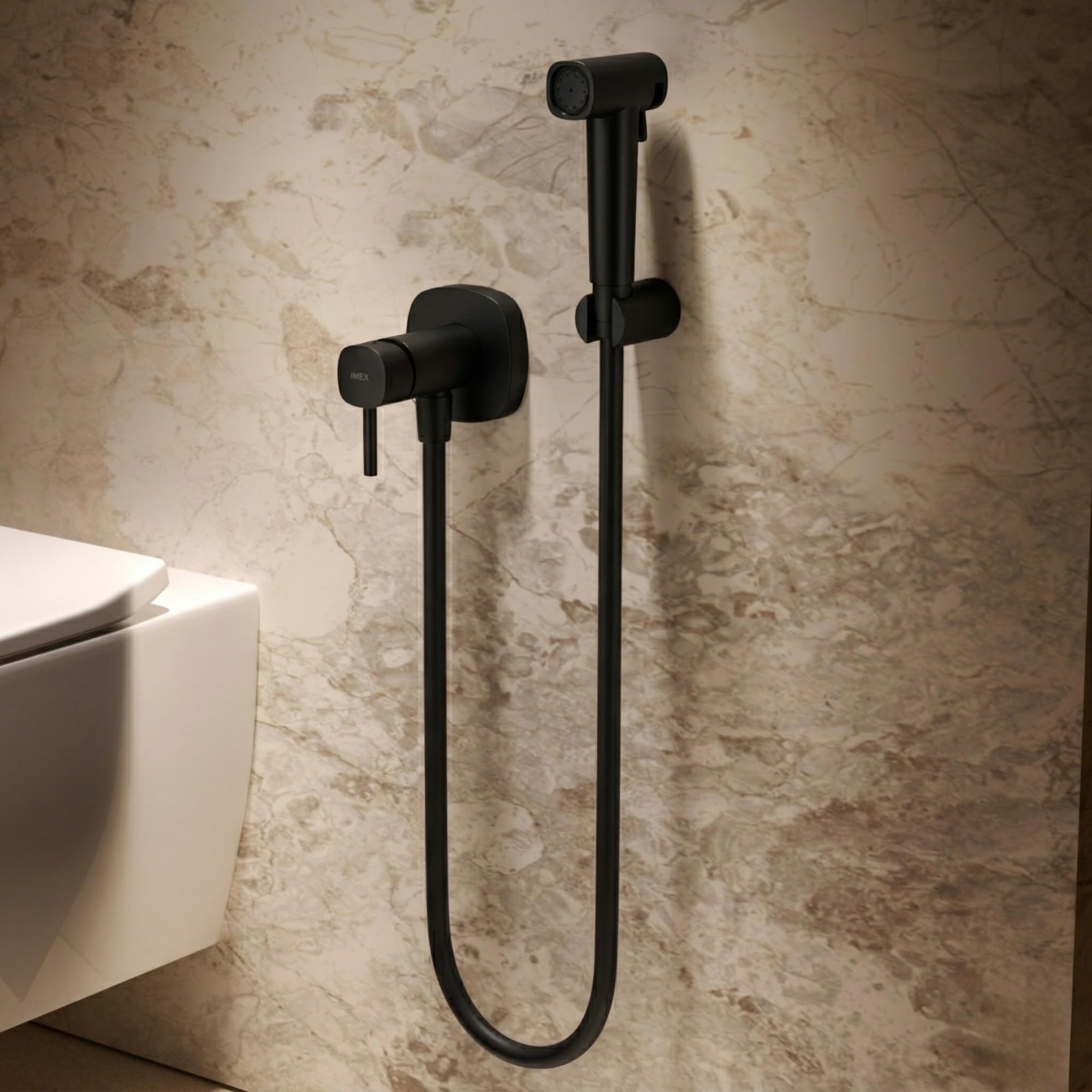 IMEX - Ducha Bidet Agua Fría y Caliente Color Negro Mate | Grifo Bidet Empotrado para WC | Ducha Higiénica Monomando para Inodoro | Grifería Sustituto de Bidé | Serie Toscana