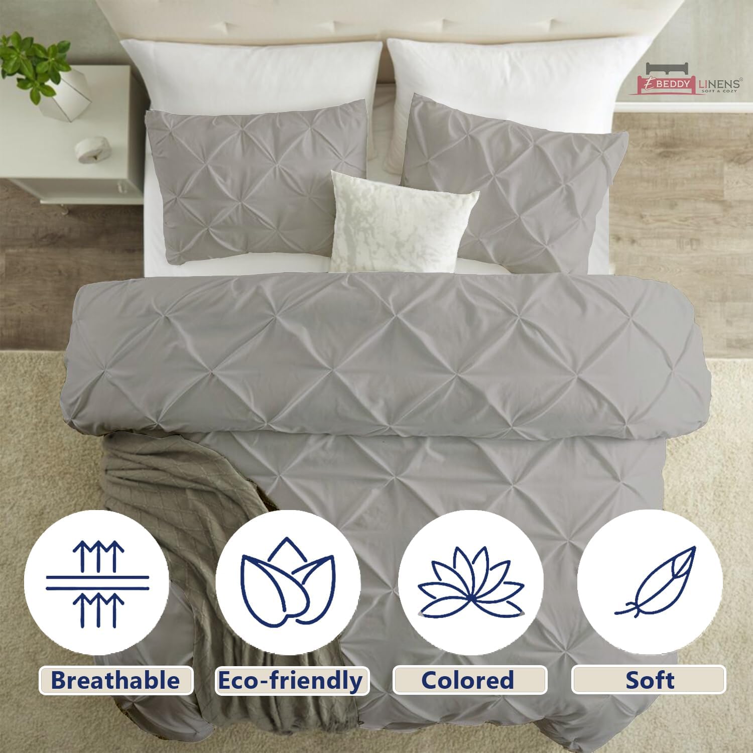eBeddy Linens Pinch Pleated Pintuck Duvet Cover Set Alaskan King 132x120 Inch 100% Microfiber Soft and Breathable 3 Pieces Premium Comforter Cover Zipper Closure & Corner Ties Silver Grey
