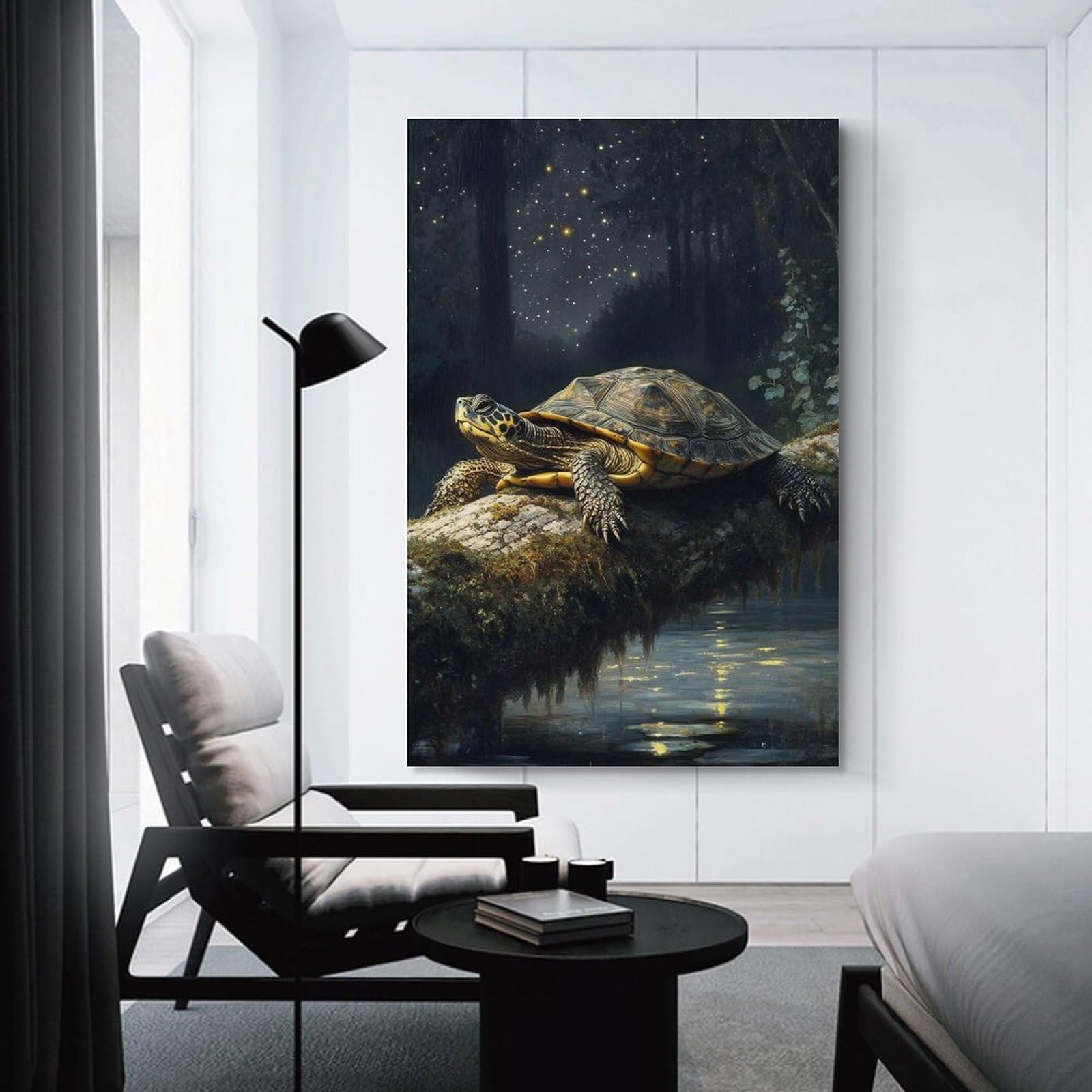 Junmoney Turtle on A Mossy Log at Night Canvas Wall Picture, 24x36inch(60x90cm), for Wall Displays, Bedrooms Or Room Updates, Wall Decor Suited to Curated Displays