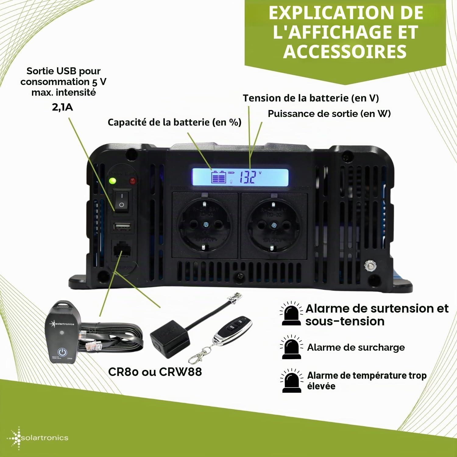 SOLARTRONICS FS1500D Convertisseur 12V 230V Pur Sinus 1500W - 3000W Puissance de crête - Convertisseur de 12V à 230V avec écran, Prise Schuko & USB