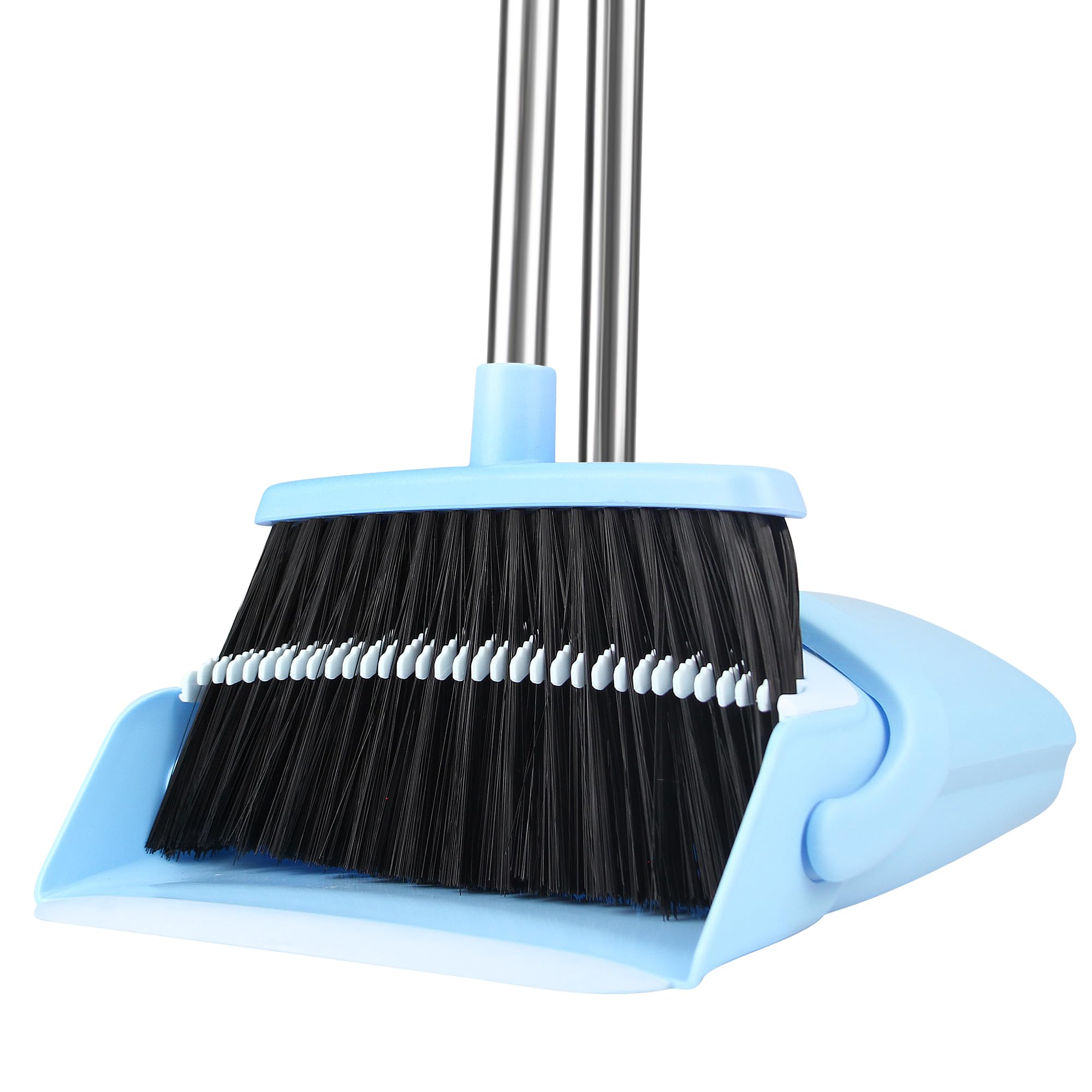 BSKLIN Broom and Dustpan Set for Home, 52" Long Handle Broom Set with Dustpan Teeth to Clean Hair Sweeping Indoor and Outdoor (Blue)
