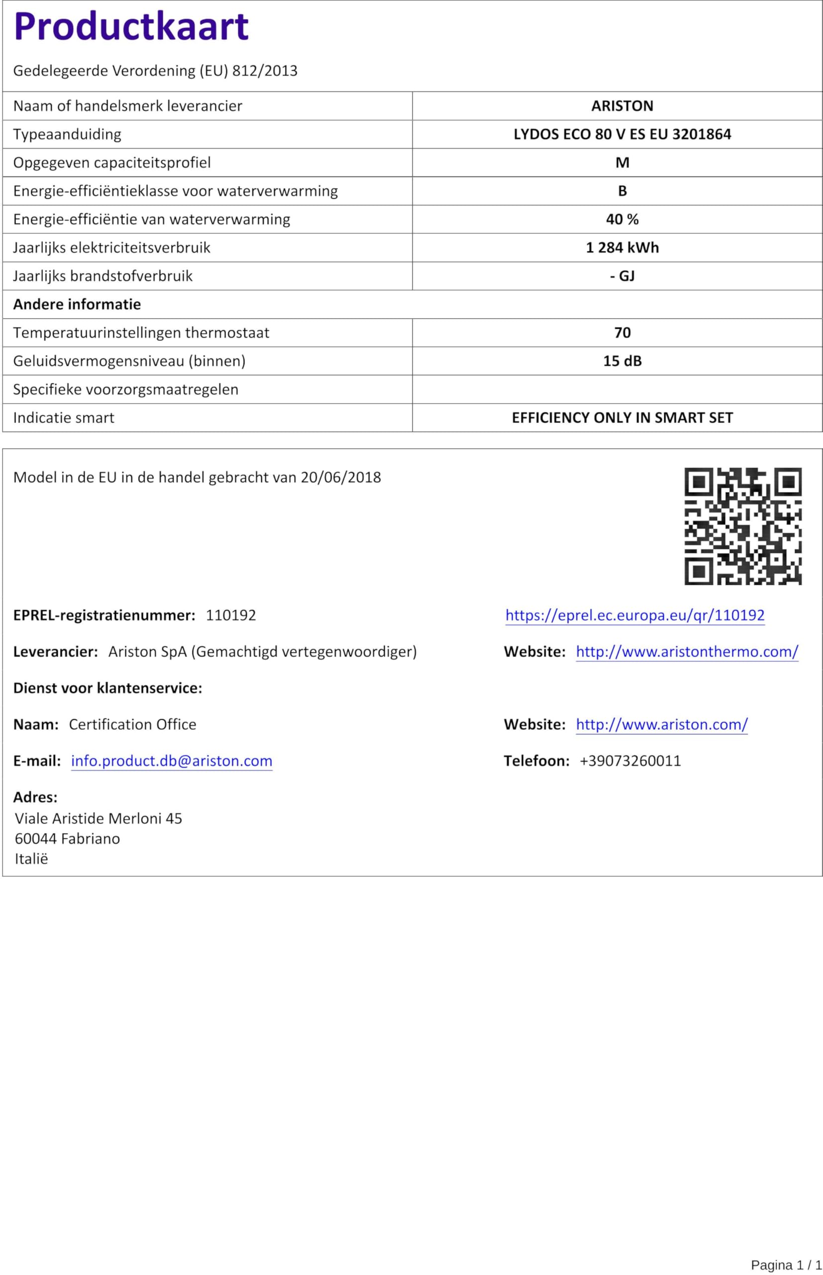 Ariston LYDOSECO80VES Termo ELECTRICO Termo LYDOS Eco 80 V ES EU