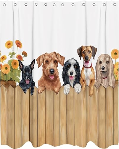 Juego de cortinas de ducha de tela con diseño de perro en tablones de madera sobre tablones, cortinas de ducha de tela para amantes de los perros,