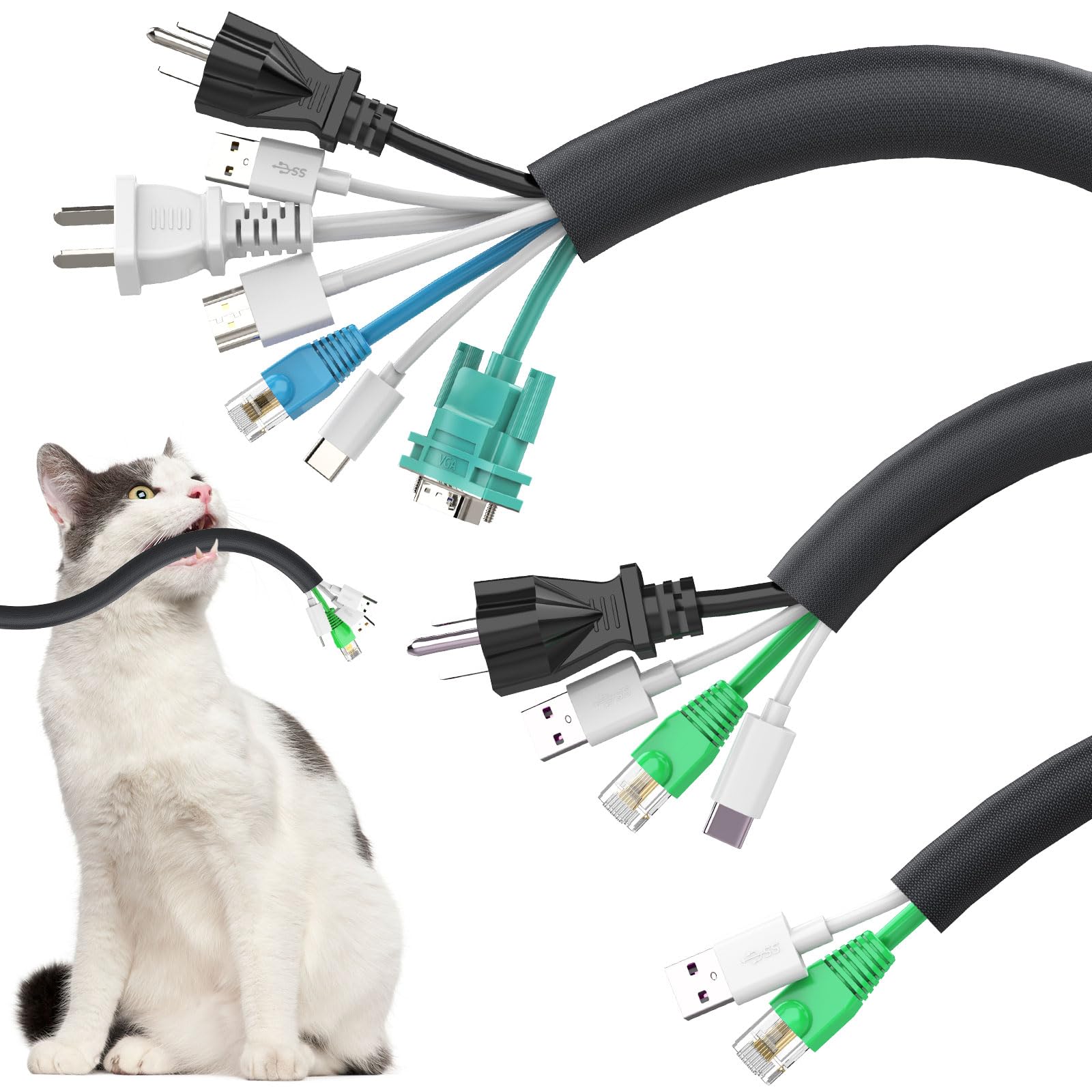 UOMTFAI Dog and Cat Cord Protector 6.6ft - 3 Pack, Flexible Cable Sleeve for Easy Cord Management, Protects Cables from Pets Chewing, Ideal for USB, Power, Audio and Video Cords - Black