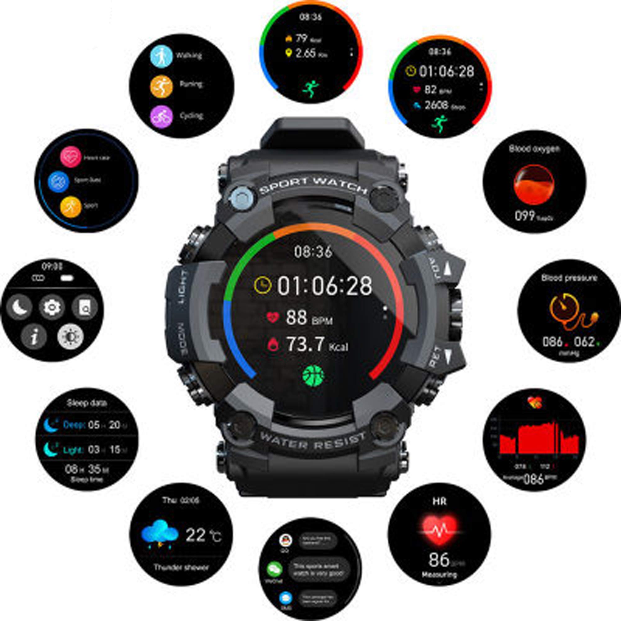 Q&N Reloj Inteligente Militar para Hombres, Relojes Inteligentes Deportivos, Rastreador De Ejercicios A Prueba De Agua, Monitor De Frecuencia Cardíaca Y Presión Arterial para Android iOS,Negro