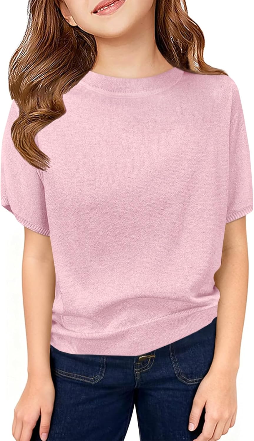 ZDC Short Sleeve Sweater for Girls - 2026 Summer Kids Crewneck Knit Lightweight Pullover Tops 5-14 Years