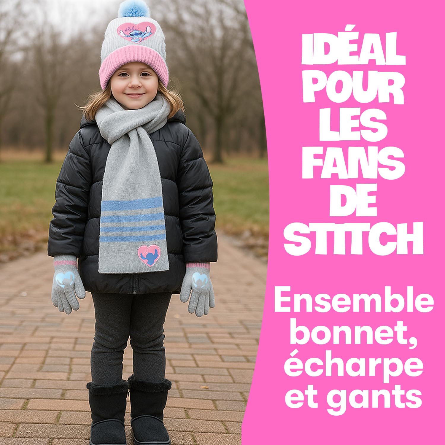 Disney Stitch Ensemble Hiver Enfant 3 Pièces – Bonnet avec Pompon, Écharpe et Gants en Maille Douce et Chaude – Accessoires d'Hiver Fille – Idéal École, Sorties et Cadeau
