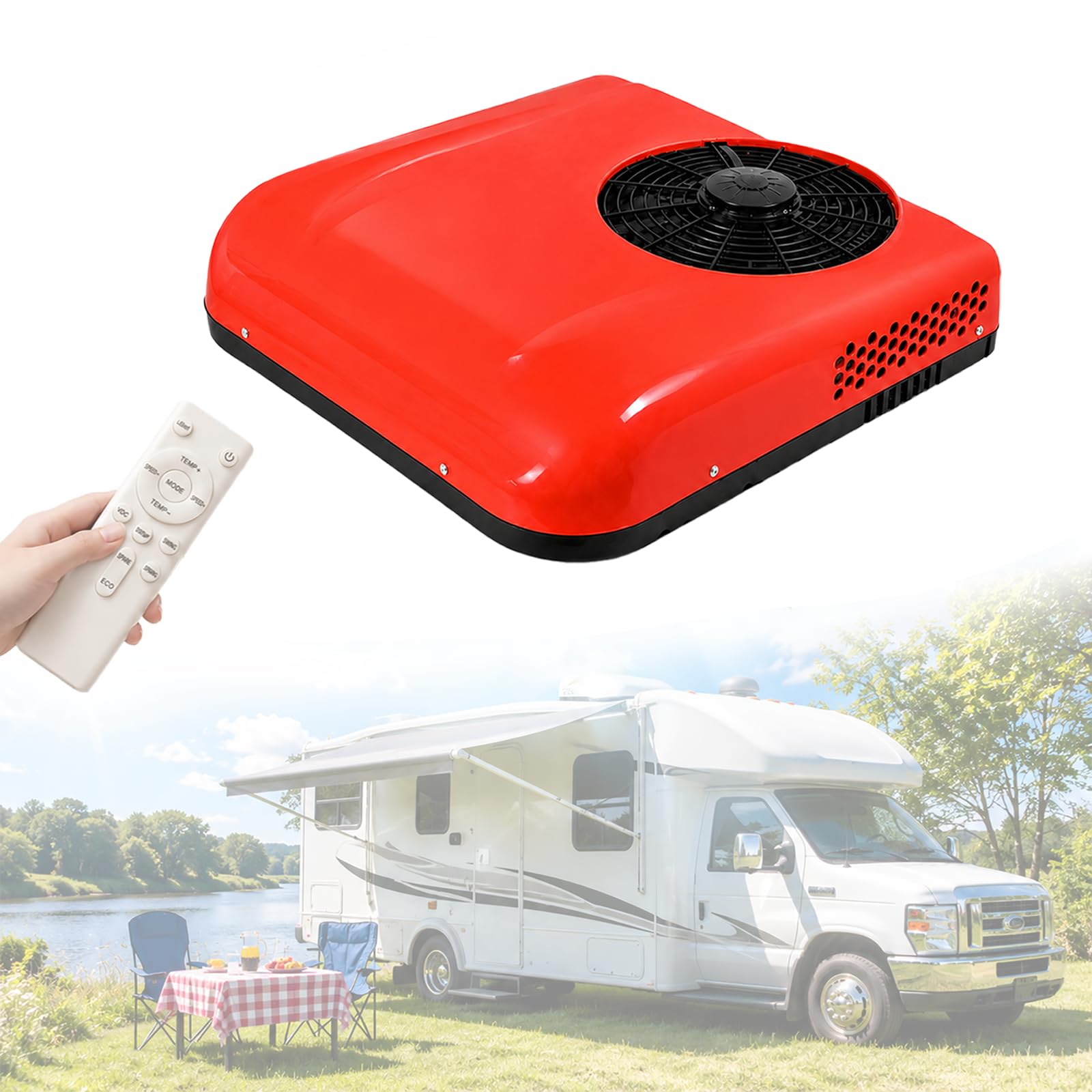 HCAUYNN RV Rooftop Air Conditioner 12V/24V, Low Profile Caravan Aircon Unit, 2200W Motorhome Air Conditioner, Quiet Campervan Roof AC with Remote Control, 450m³/h Airflow 24V-Red