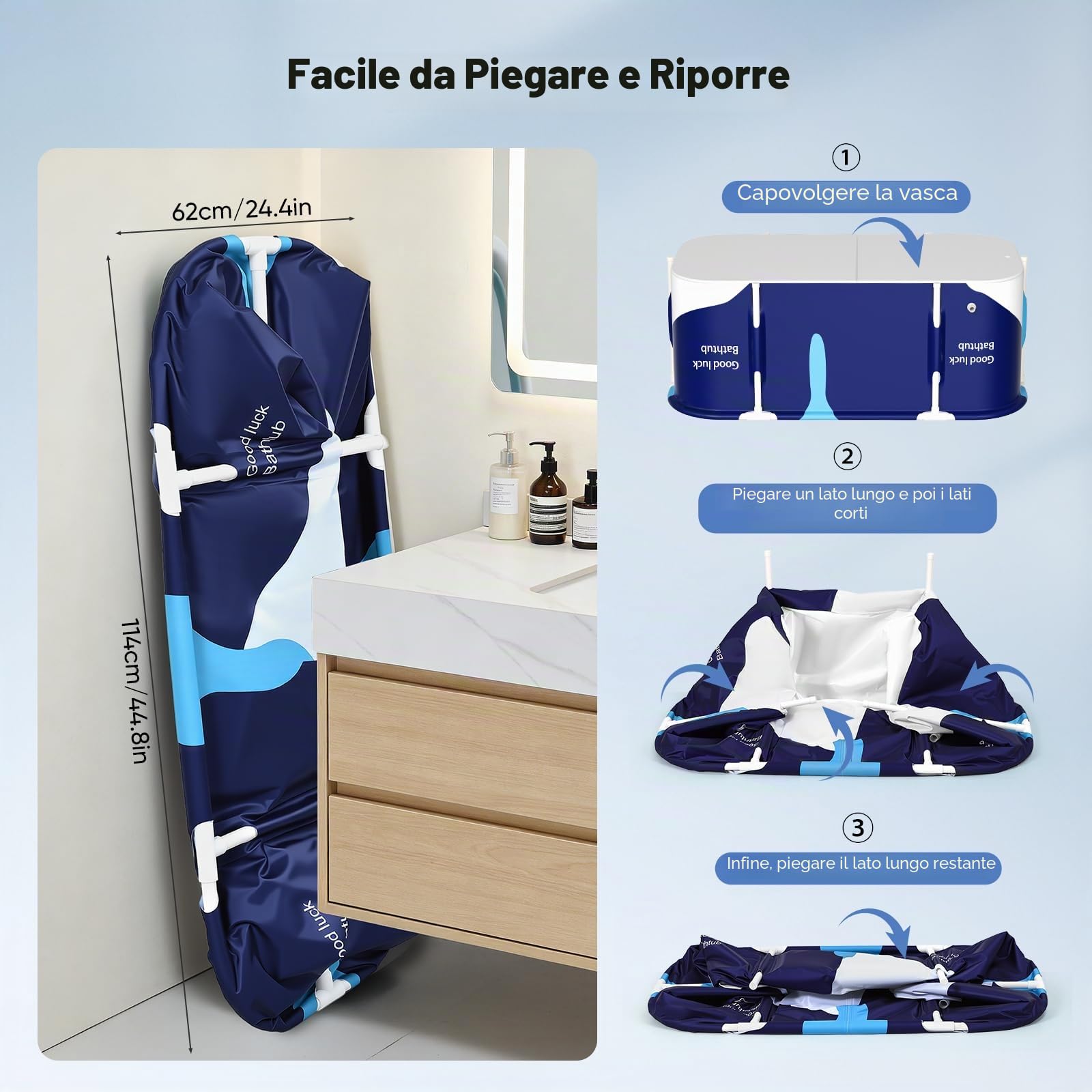 Vasca da bagno pieghevole termoisolante 5 strati con cuscino e schienale | Ampio spazio interno, telaio stabile, doppio scarico, poco ingombro per bagni piccoli