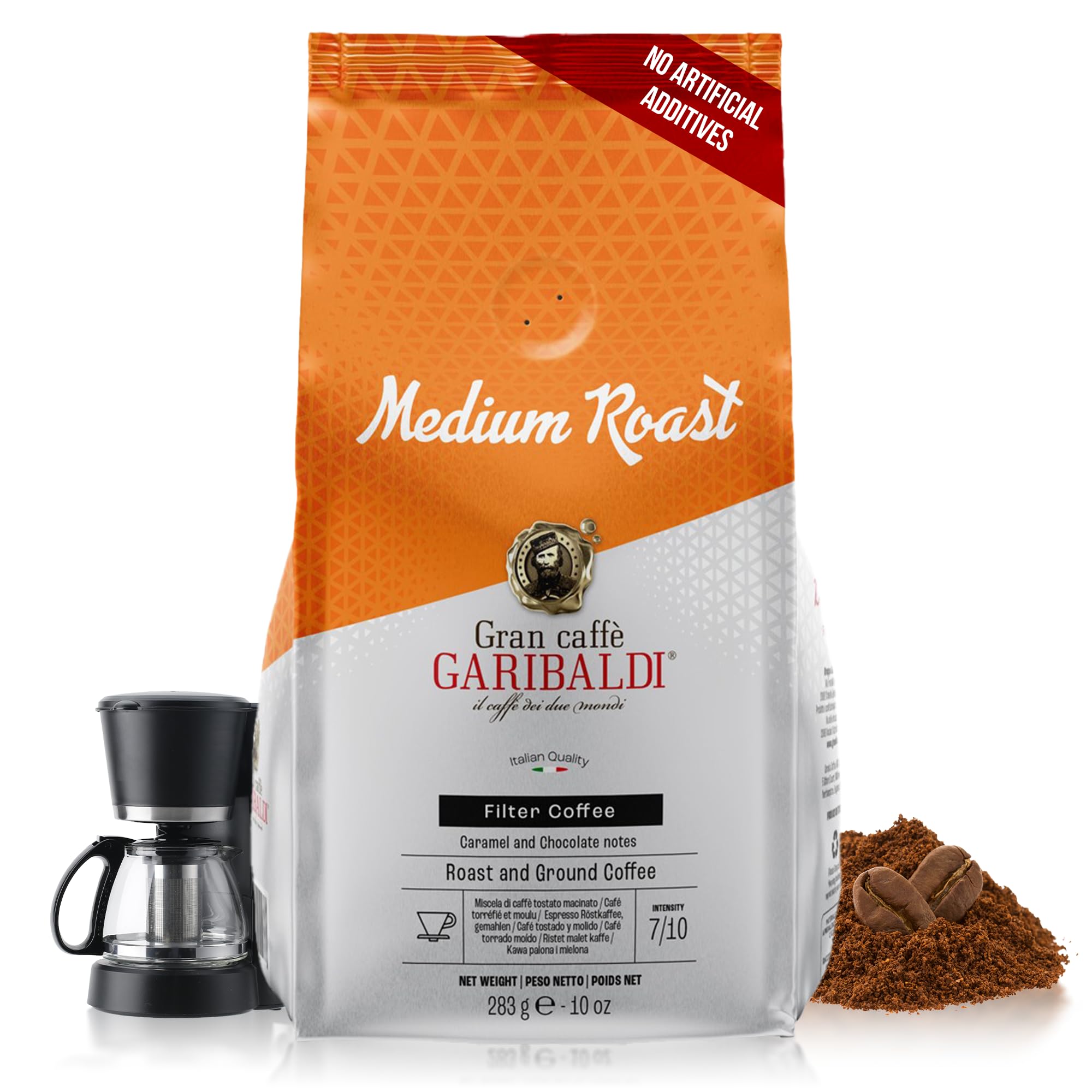 Caffè Garibaldi Ground Coffee - Medium Roast Fine Arabica Blend, Fresh Premium Espresso Grinds, Great for French Press, Percolator, Cafetera & More, 10 oz Bag