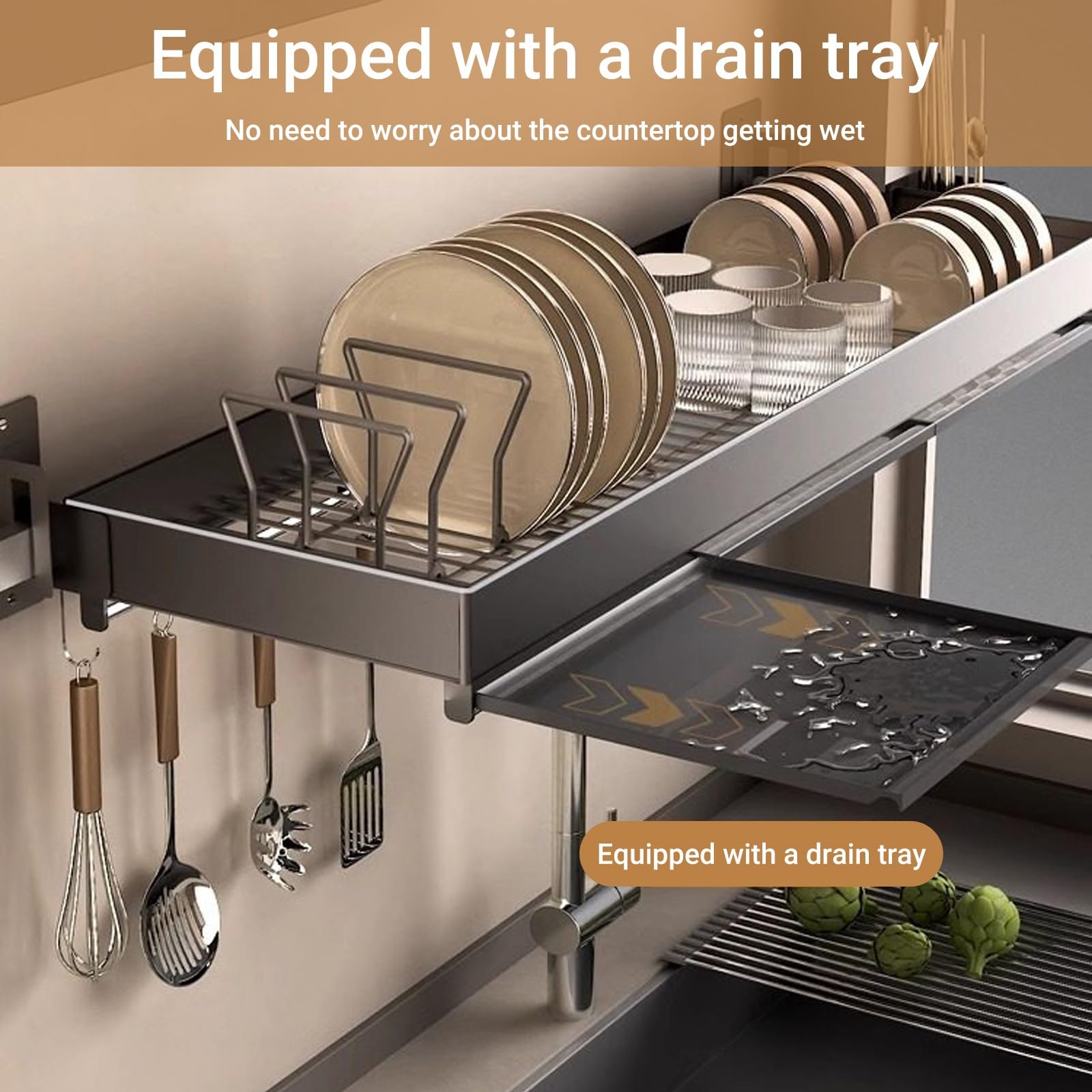 Escurridor de platos para colgar sobre el fregadero, estante colgante de acero inoxidable para platos, vasos y cubiertos, almacenamiento multifuncional que ahorra espacio, diseño de 60 cm