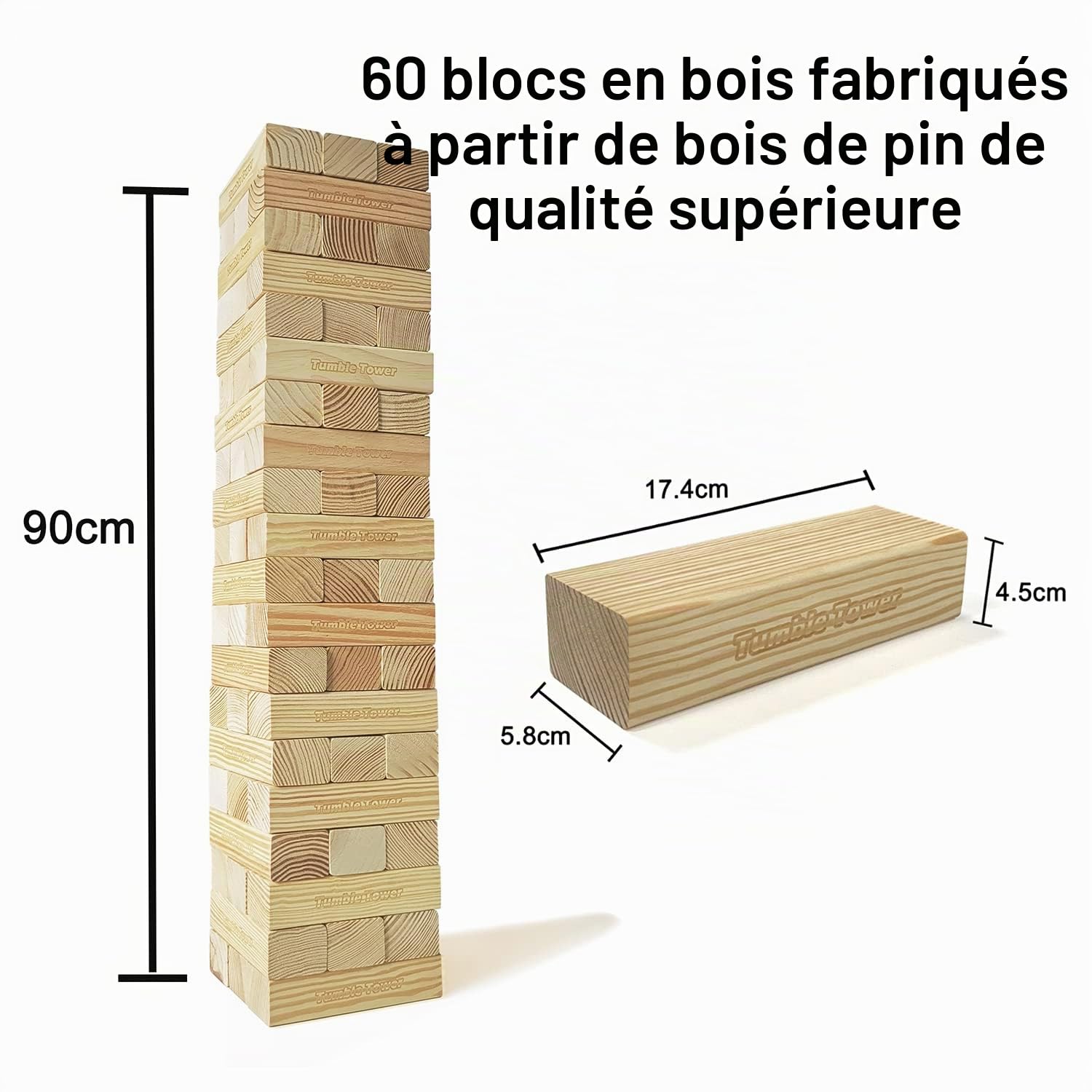 Jac & Mok Ensemble de jeu géant en bois avec sac de transport (tour géante de 60 pièces)