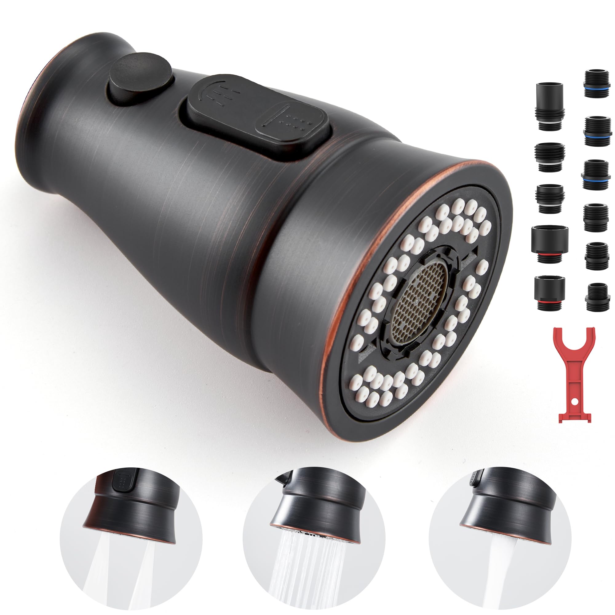 Kitchen Sink Faucet Spray Head Replacement with 15 Adapters, Pull Down Kitchen Faucet Replacement Head, 3 Function Pull Out Kitchen Faucet Spray Nozzle, Oil Rubbed Bronze