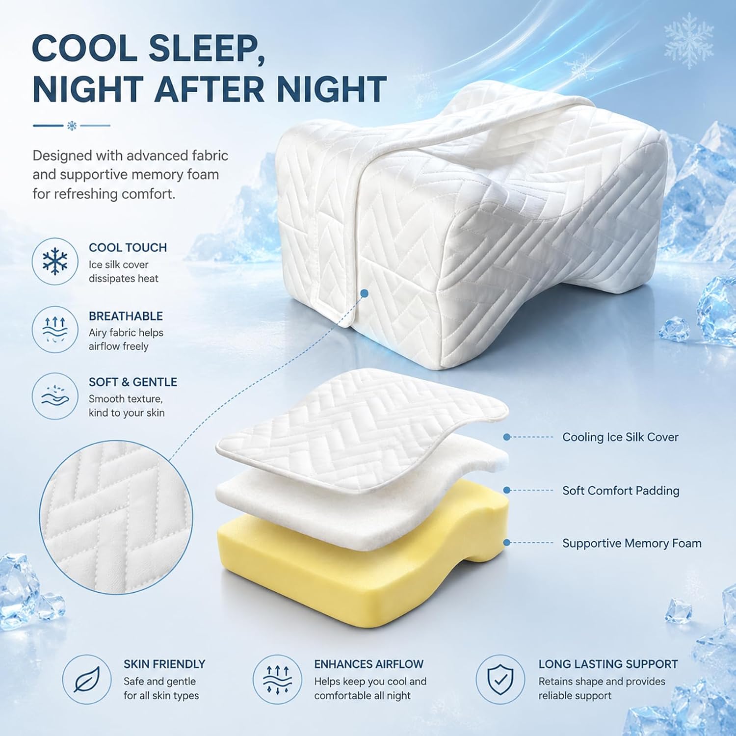Knee Pillow for Side Sleeper Ice Silk Cover Memory Foam Leg Hip Pain Relief