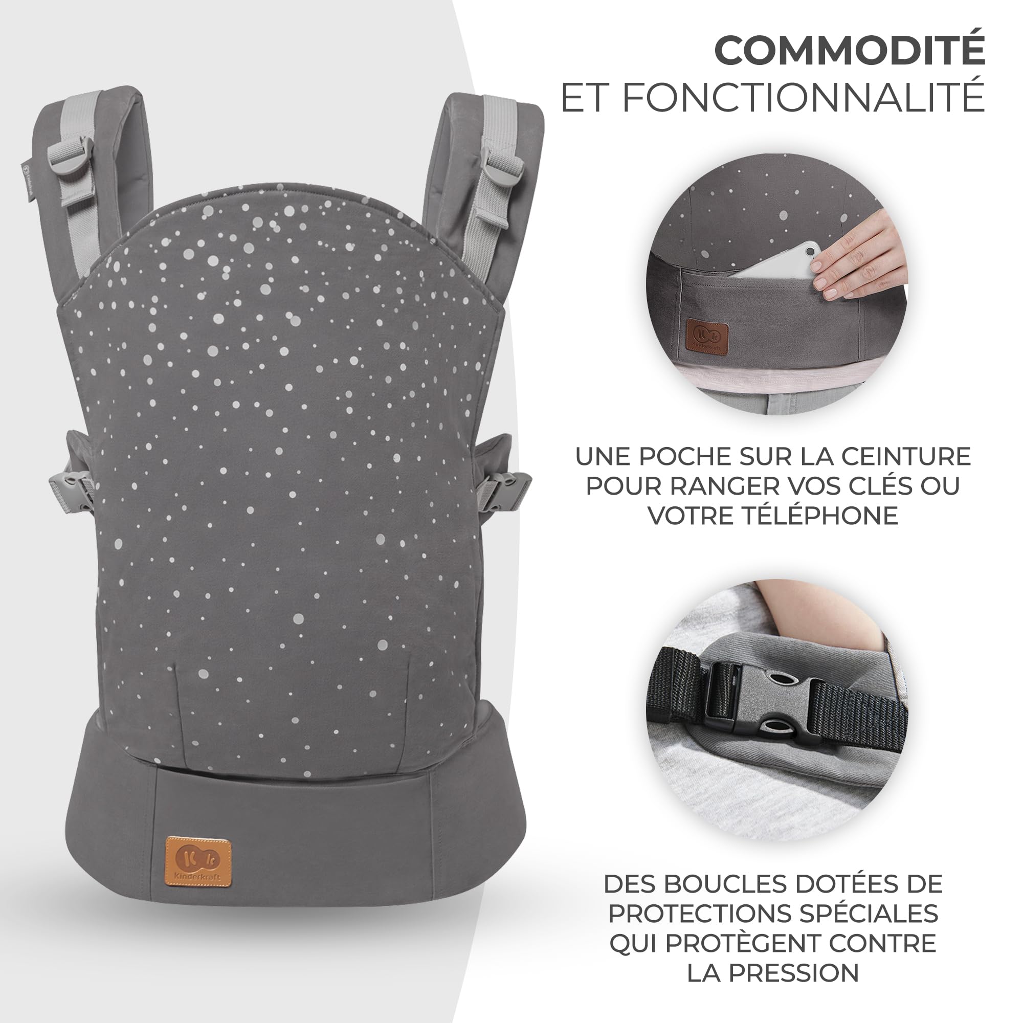 Kinderkraft NINO CONFETTI Porte bébé de 3 Mois à 20 kg, Sangles larges et réglables, Confortable pour le parent, avec Poche, Deux façons: sur le ventre ou sur le dos, Gris
