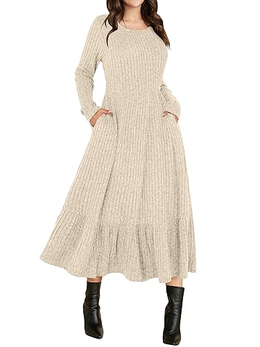 ANRABESS Womens Long Sleeve Midi Dress Spring Rib Knit Crew