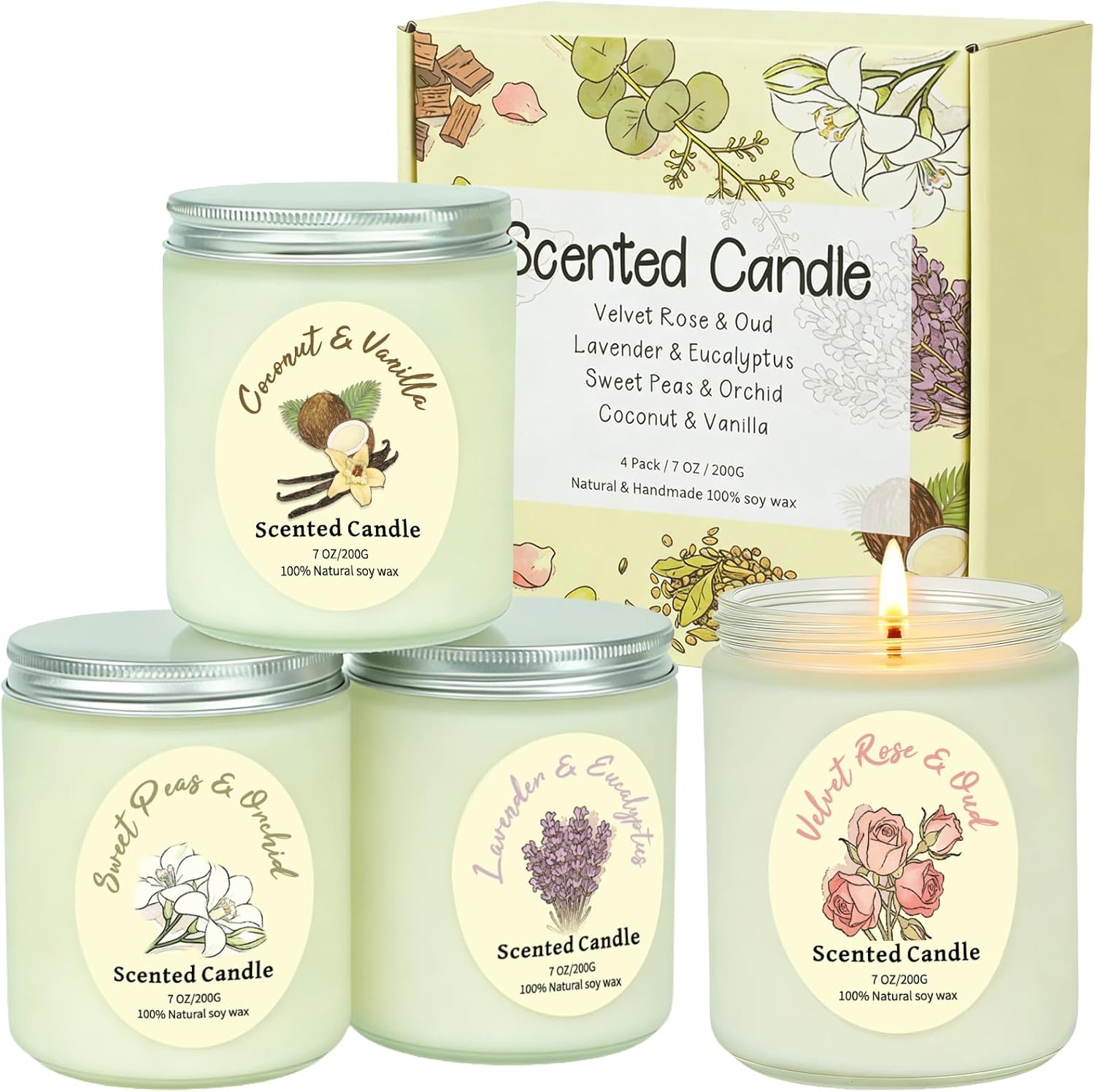 4 Pack Scented Candle Gift Set,Lavender Rose Coconut Vanilla Highly Long Lasting for Home Aromatherapy Soy Non Toxic 28 Oz 200 Hour Burn Birthday Meditation Housewarming Bath for Women Mothers Day