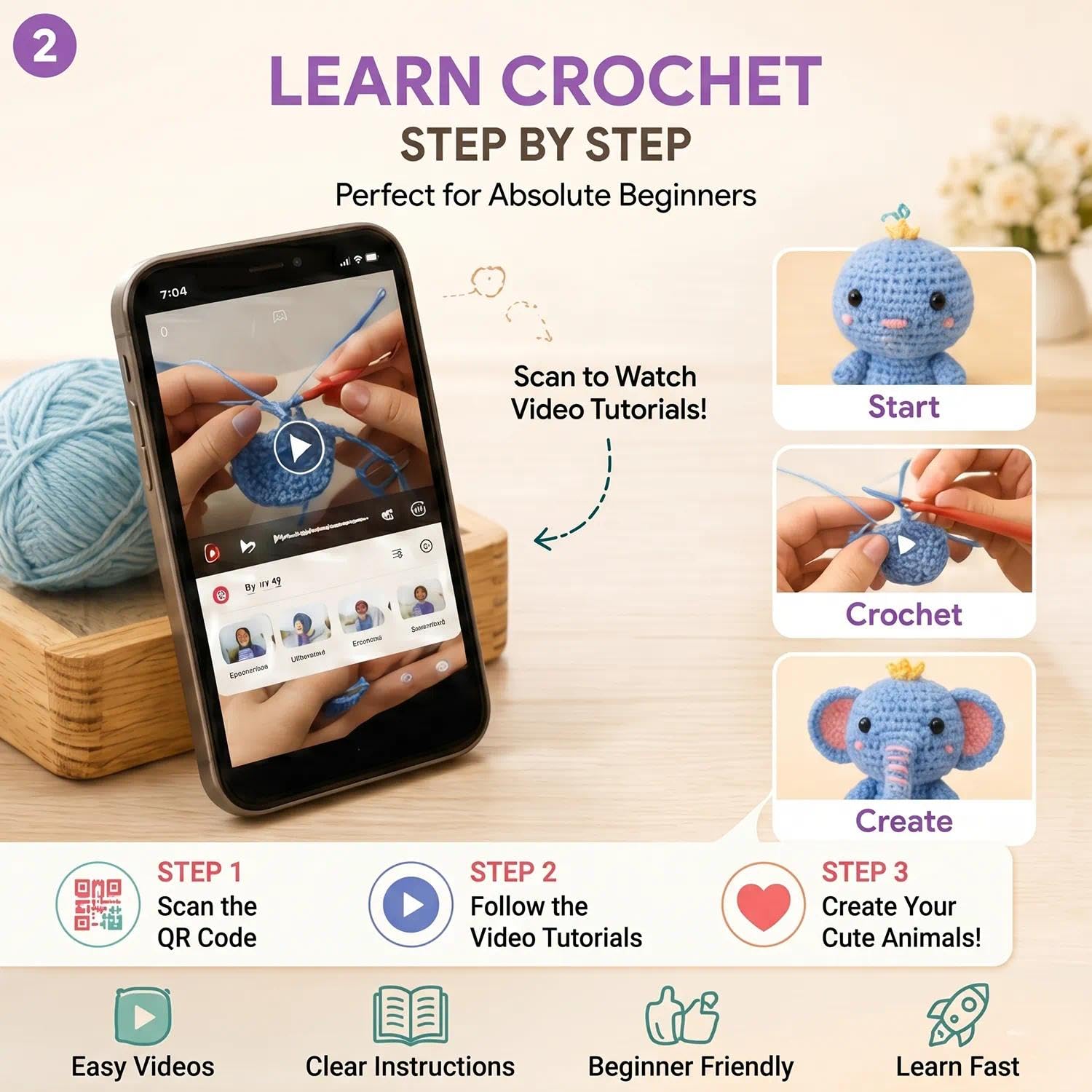 Kit per uncinetto a forma di animale, per principianti e adulti, set completo per realizzare 5 bambole con animali, per imparare a lavorare a maglia, kit con istruzioni e video tutorial