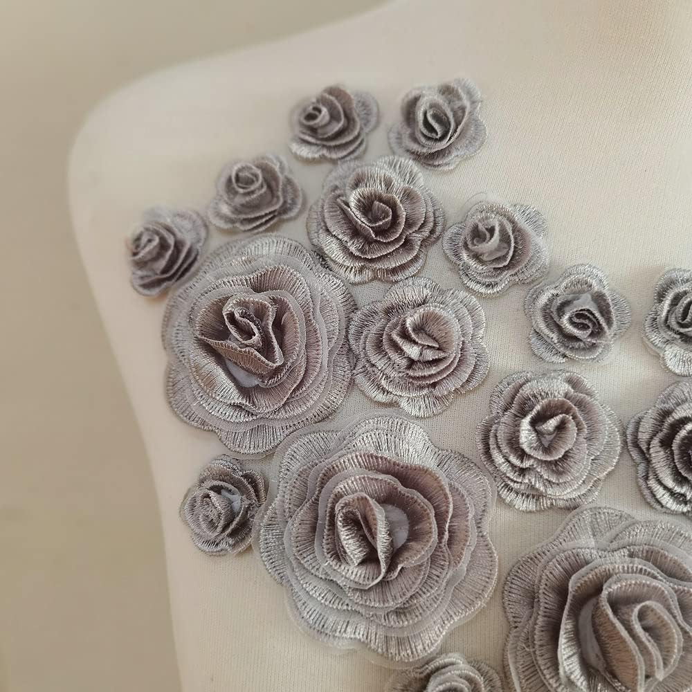 25pcs Gray Embroidered Flower Sew On Patches Fiber Sewing Trims Clothes Wedding Dress Craft DIY