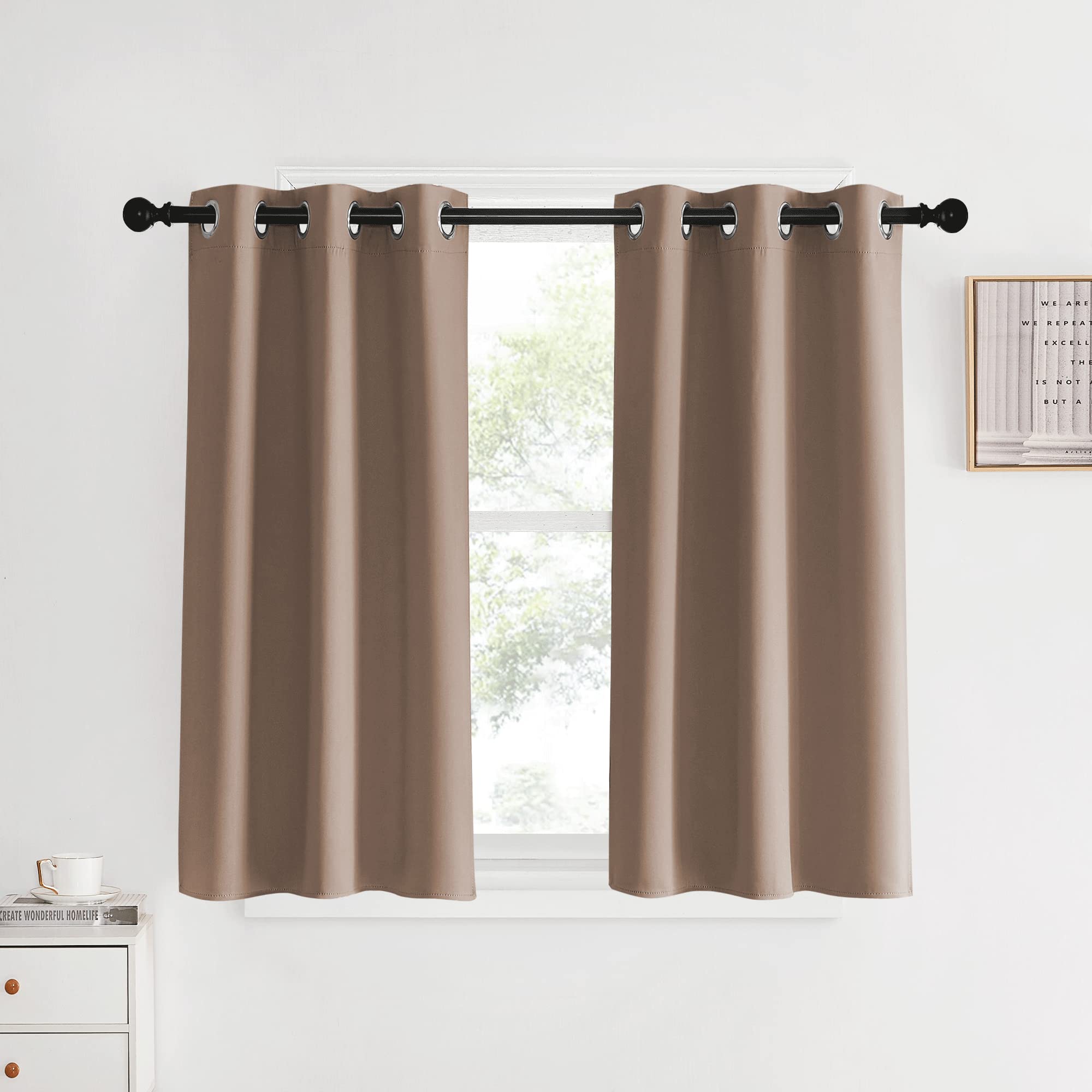 NICETOWN Blackout Small Curtains for Bedroom, W34 x L40, Set of 2, Cappuccino, Triple Weave Grommet Top Thermal Insulated Light Blocking Panels for