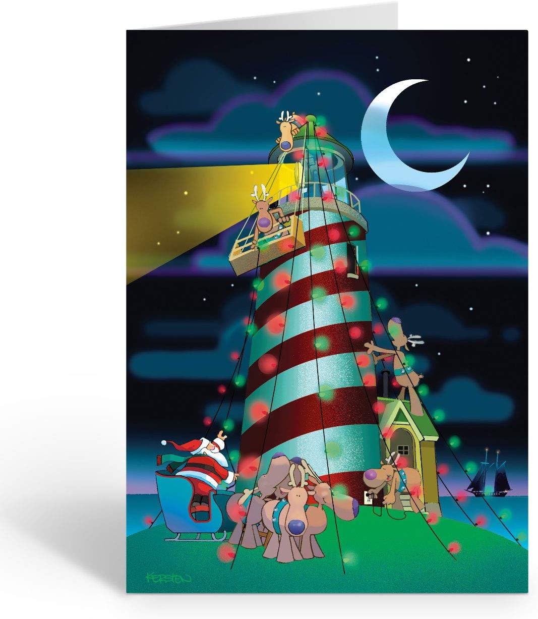 Stonehouse Collection - Lighthouse Christmas Card - 18 Holiday Cards and Envelopes - Santa Decorates a Lightouse