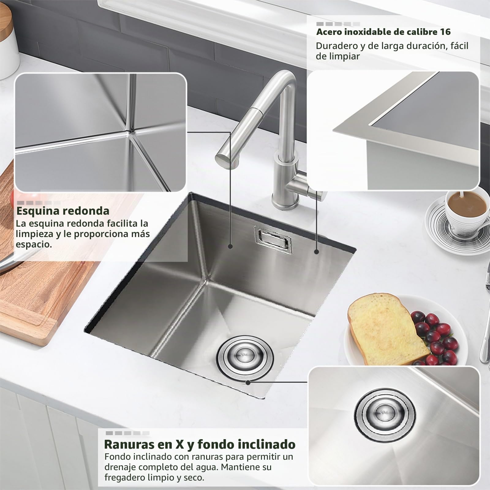 Fregadero de Barra Acero Inoxidable, Bajo Encimera Bokaiya de 35 x 45 cm, Pequeño Fregadero de Barra Húmeda, Minilavabo de Cocina para Exteriores, para RV, con Rebosadero, Rejilla Enrollable y Sifón