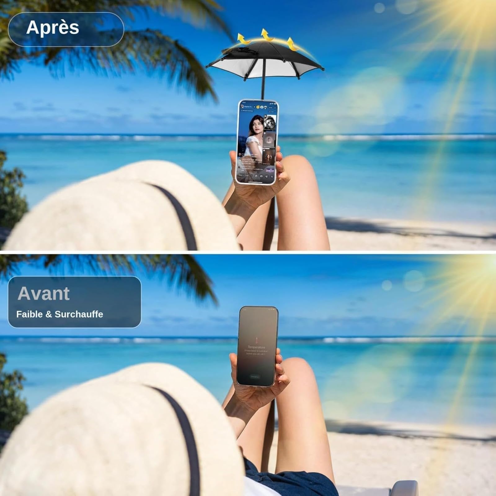 Générique Parasol Téléphone Portable Réglable avec Protection Anti-UV et Imperméable, Parapluie Smartphone Magnétique pour Vélo Moto Voyage Plage Randonnée Utilisation Extérieure