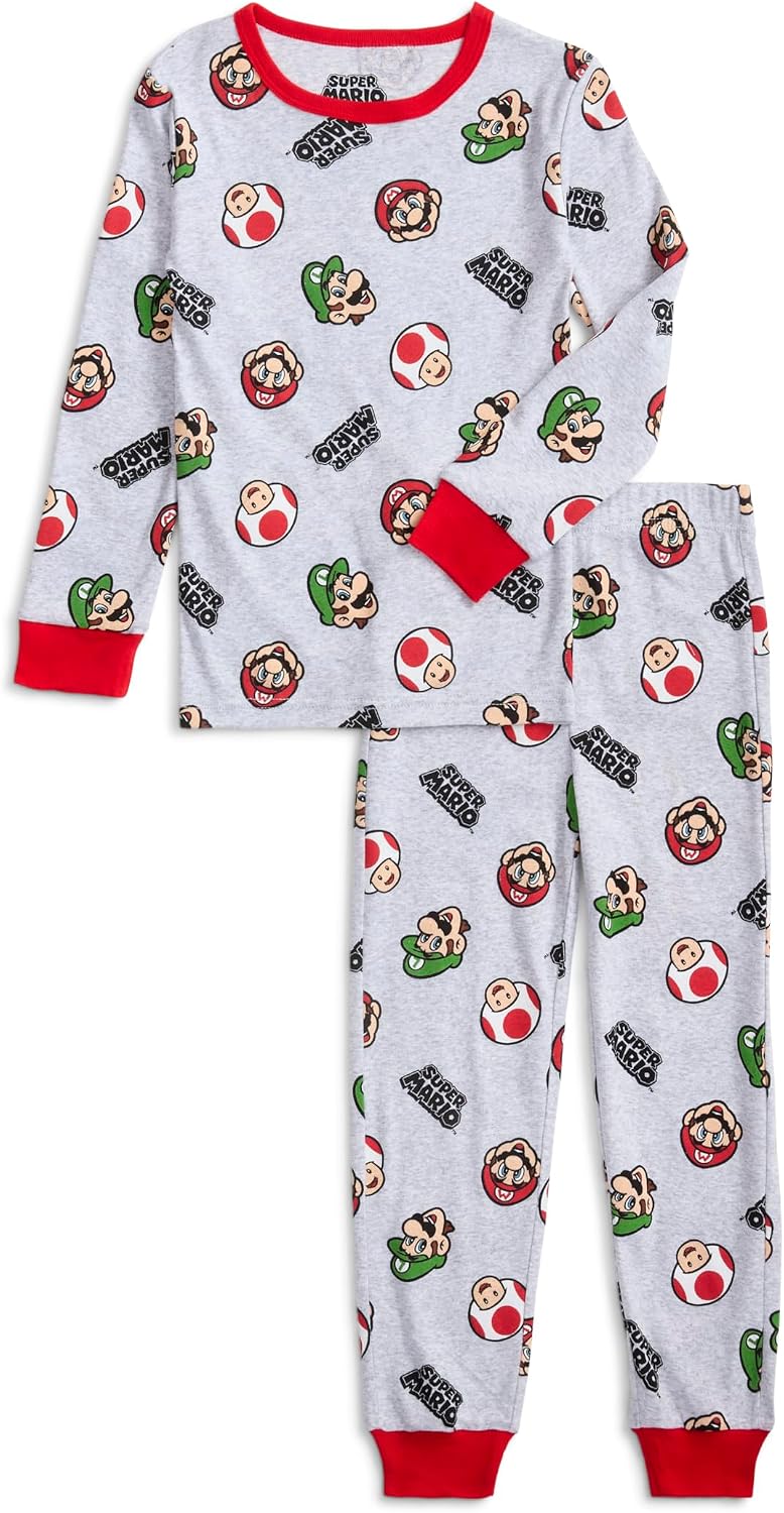 Nintendo Super Mario Bowser Boys Pajamas 2 Piece PJs Set Long Sleeve Top & Pants 100% Cotton Sleepwear for Kids & Teens