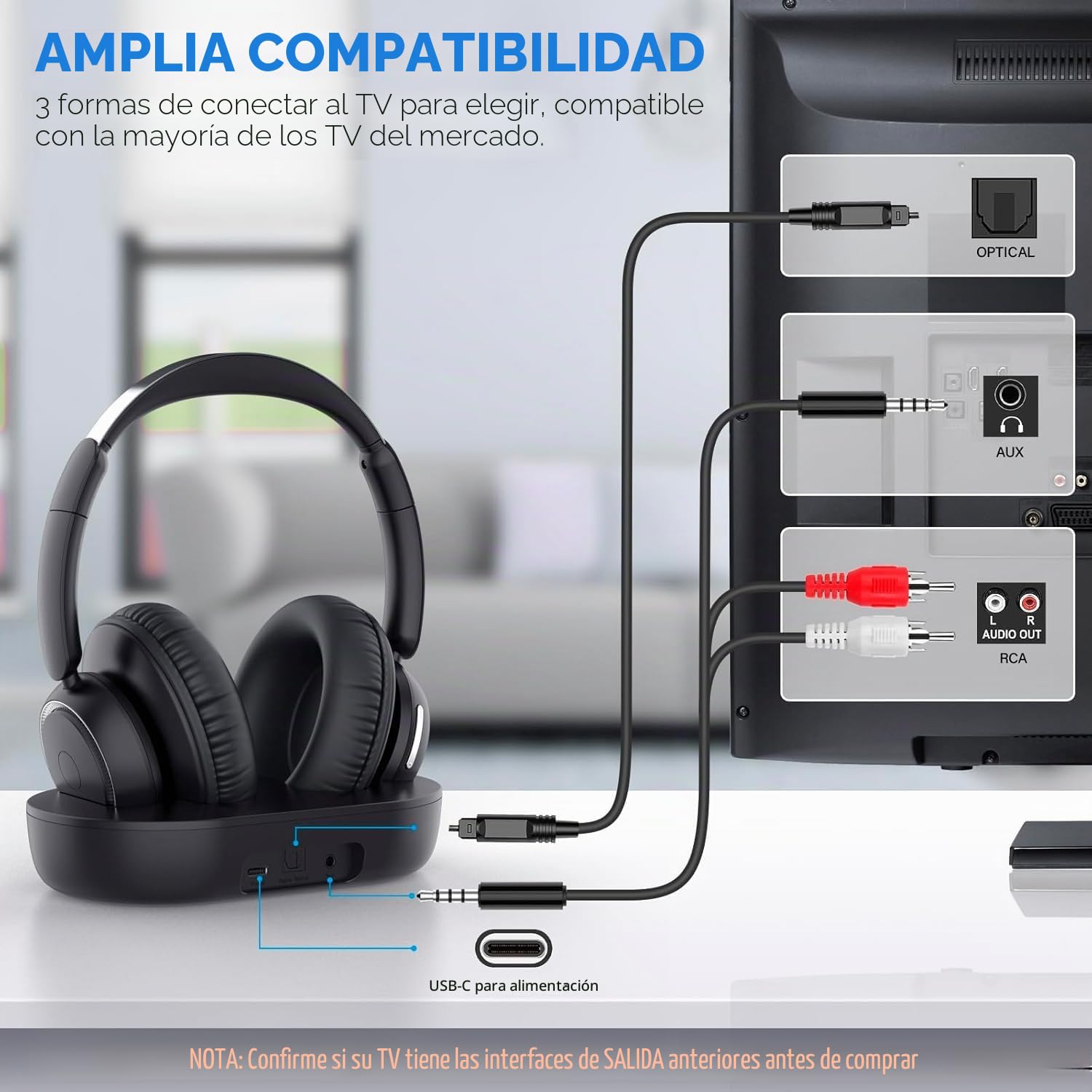 ANSTEN Auriculares Inalambricos TV, Auriculares Par TV con Salidas De Audio Ópticas AUX O Bluetooth, Cascos Inalambricos TV para Mayores, 35h De Reproducción | Auriculares inalámbricos para personas mayores, fáciles de configurar, auriculares inalámbricos