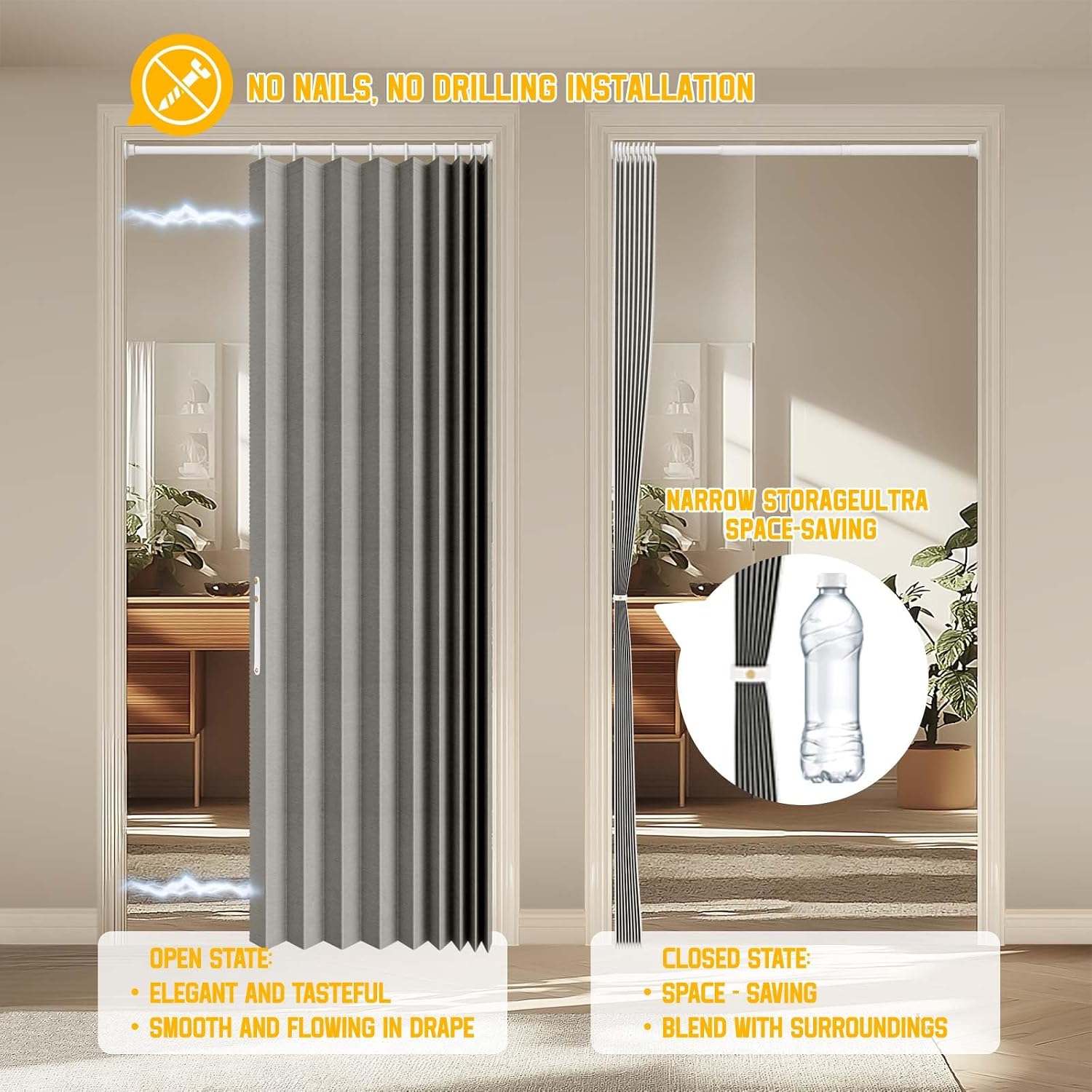 Condition photo showing New/Like New for accordion door curtain - 100% light-blocking bedroom door curtain with included rod for easy installation, suitable for doorway privacy grey 43" w x 78" l grey 43"w x 78"l (pack of 1)
