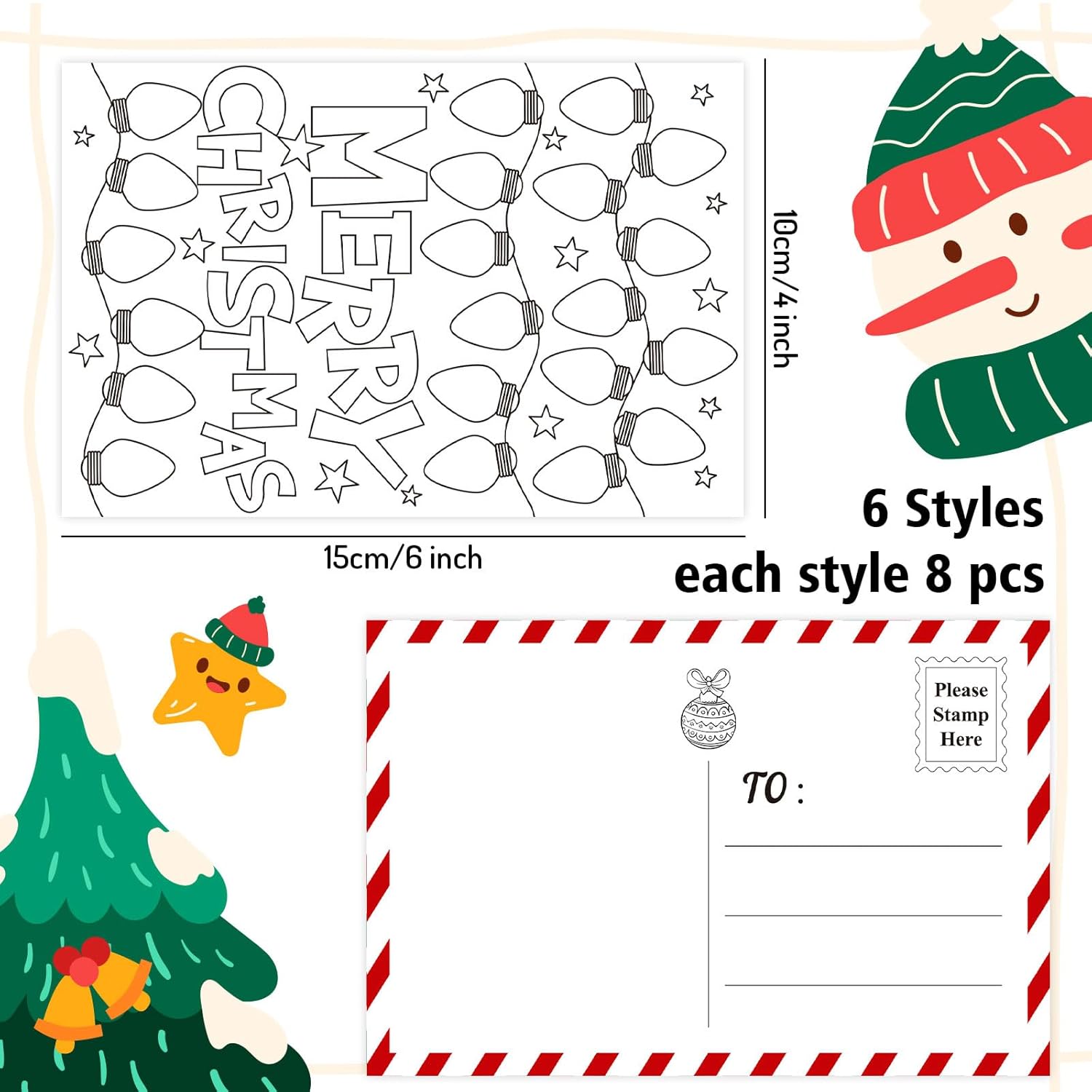 Whaline 48 Pack Blank Christmas Color Your Own Postcards to Santa 6 Designs Coloring Merry Xmas Greeting Letter Cards Wish List Writing for Family School Classroom Party Favors, 4 x 6 In - Image 2