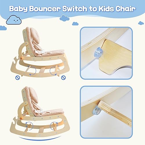Miniatura 6 de Mecedora ajustable para bebé, mecedora de madera 3 en 1 con arnés de 5 puntos, asiento reclinable para bebés y niños pequeños, color beige