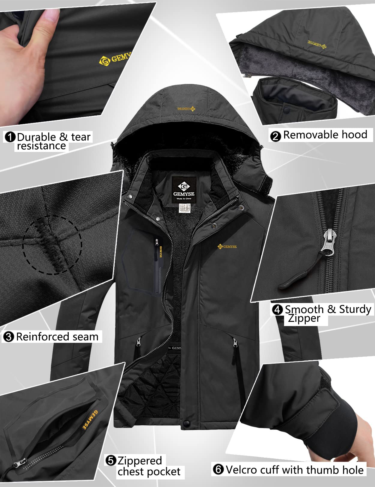 GEMYSE Chaqueta de Esquí Impermeable de Montaña para Hombre Abrigo de Invierno Antiviento con Capucha