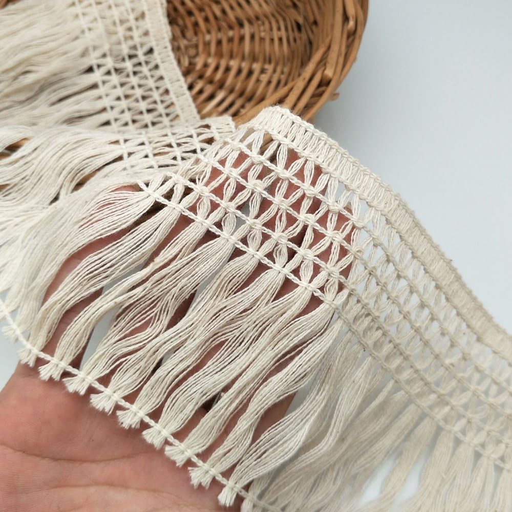 FQTANJU 5 Yards X 10cm Wide Cotton Tassel Fringe in Beige.