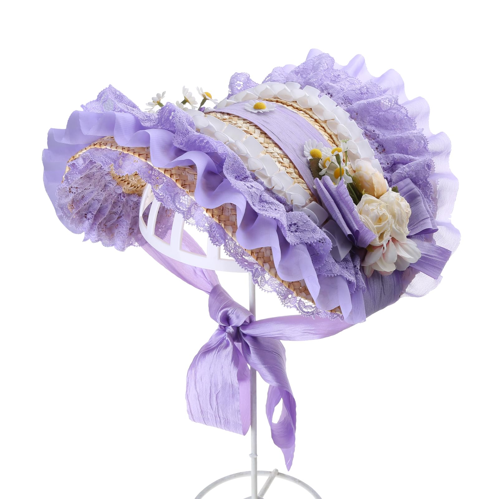 Gaointell Women's Light Teas Party Sun Hat Lace Fascinators For Lolit Straw Hat Victorian Bonnet Victorian Headdress Flower Straw Hat