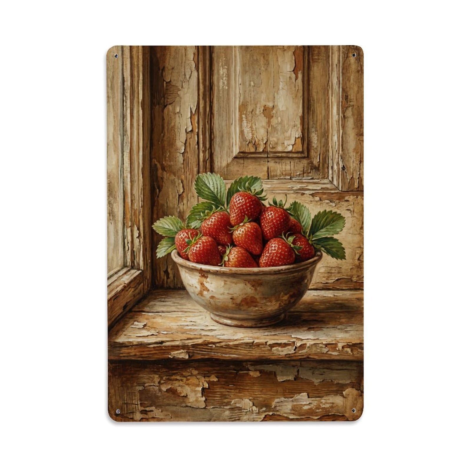 Strawberries Bowl Windowsill Kitchen Vintage Metal Tin Sign Plaque Wall Decor for Cafe, Club, Garden Metal Poster 8x12Inch