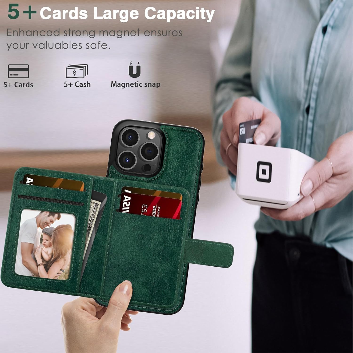 LOHASIC for iPhone 15 Pro Max Case Wallet Magsafe – Detachable Magnetic Leather Case with 4 Card Slots 2 Cash Pockets, iPhone 15 Pro Max Cover with Card Holder for Women Girls, Green