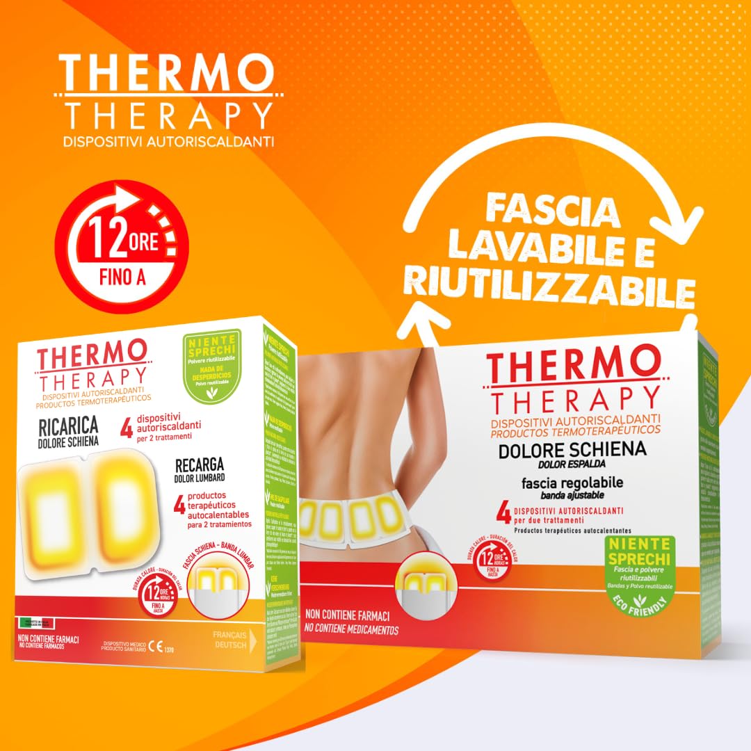 Thermo Therapy Ricarica Fascia Ricaricabile per Dolore Schiena, Non Contiene Farmaci, Durata del Calore fino a 12 Ore, Confezione con 4 Dispositivi Terapeutici Autoriscaldanti