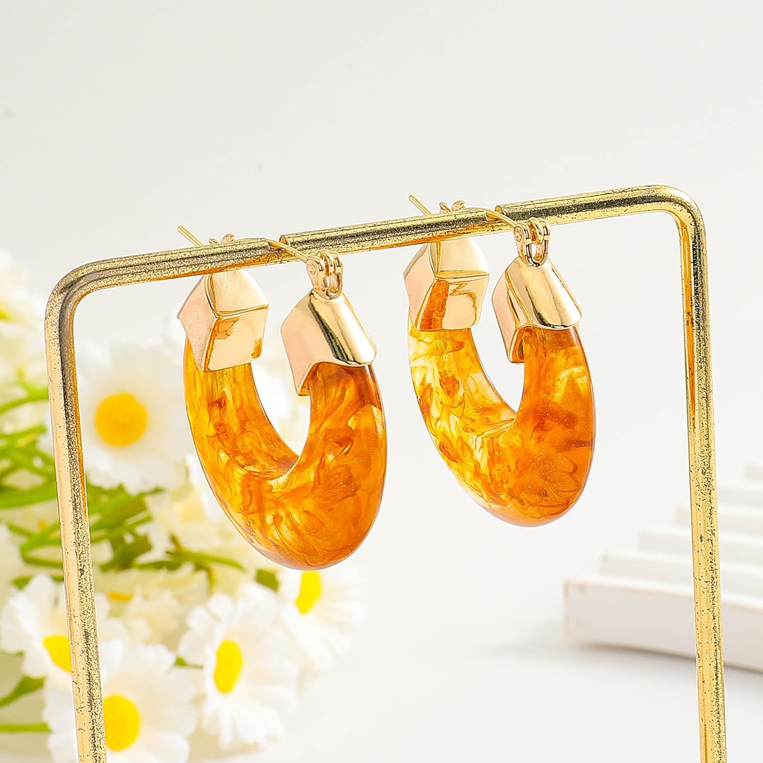 18K Gold Amber Resin U-Shaped Hoop Earrings for Women, Trendy Chunky Statement Huggie Earrings Fashion Jewelry Gift - Image 6