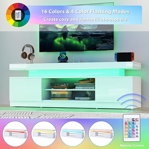 Miniatura 4 de Verano Garden Soporte de TV LED de 63 pulgadas para TV de 75 pulgadas, centro de entretenimiento de alto brillo con toma de corriente y luz, consola