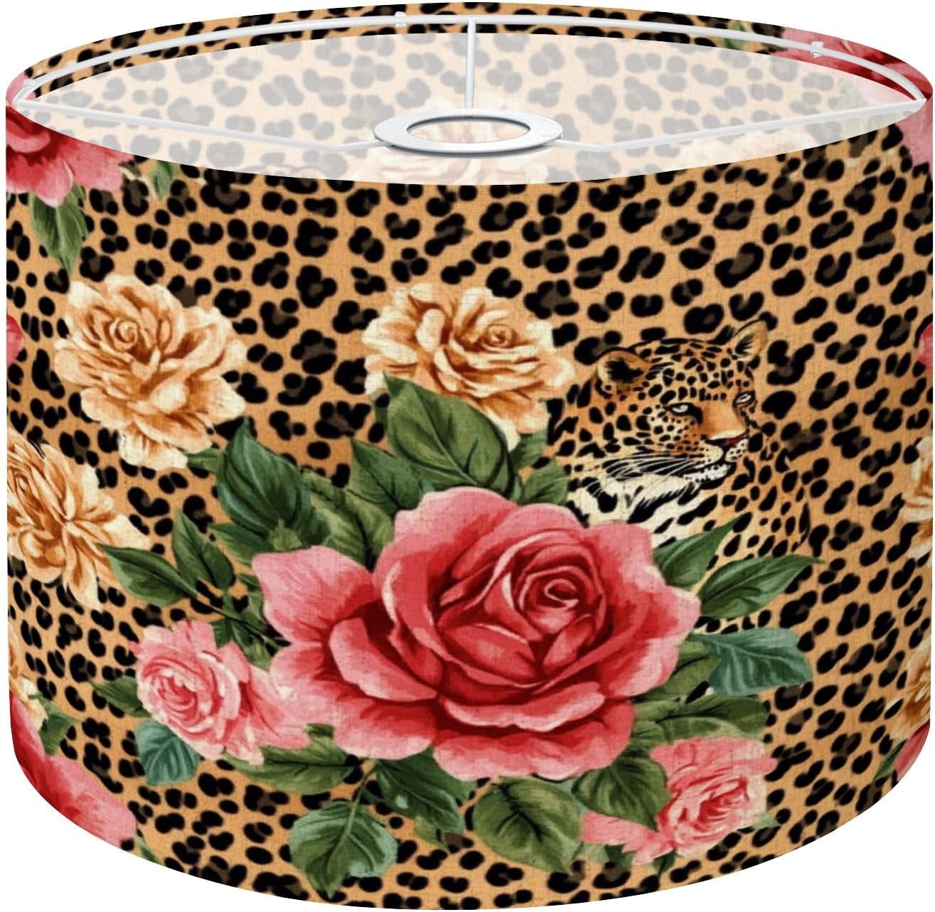 Boho Drum Lamp Shades - 11" x 11" x 8.9" Floral animal seamless print Leopard texture flower bouquets Replacement Natural Linen Lampshades for Table Lamps, Floor Lamps Easy Assembly