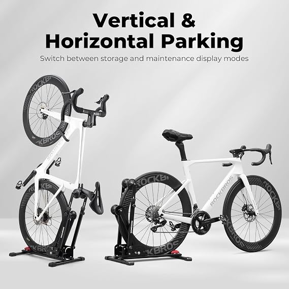 ROCKBROS Bike Stand 2-in-1 Vertical Horiz Floor Adjustable for 24-27.5 | Foldable & Space-Saving, Garage Apartment Storage, Sturdy Carbon Steel Anti-Slip, Easy Install No Tools Required