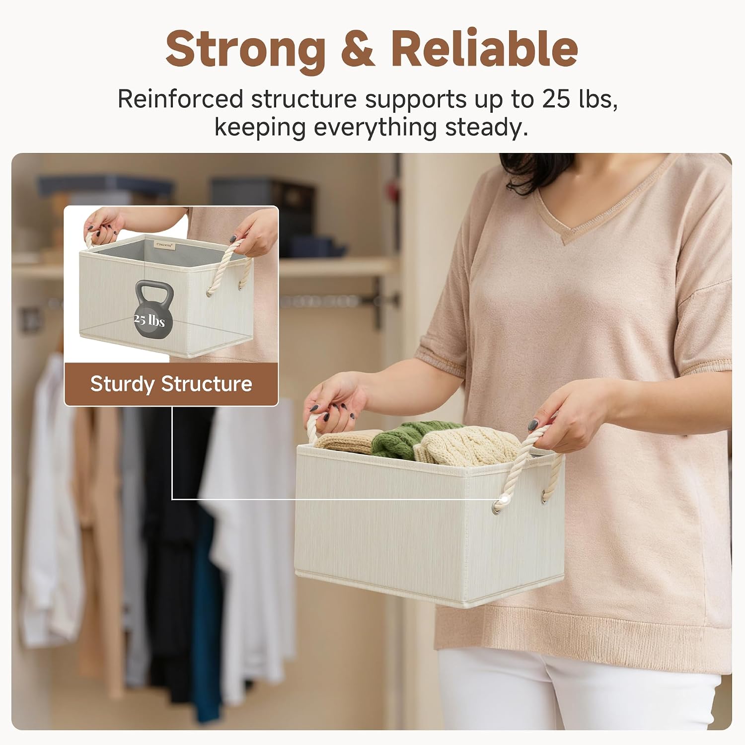 StorageWorks Fabric Storage Bins for Shelves, Storage Baskets for Closet Organization, Organizer Bins for Clothes Storage, Beige, White & Ivory, 3-Pack, Small
