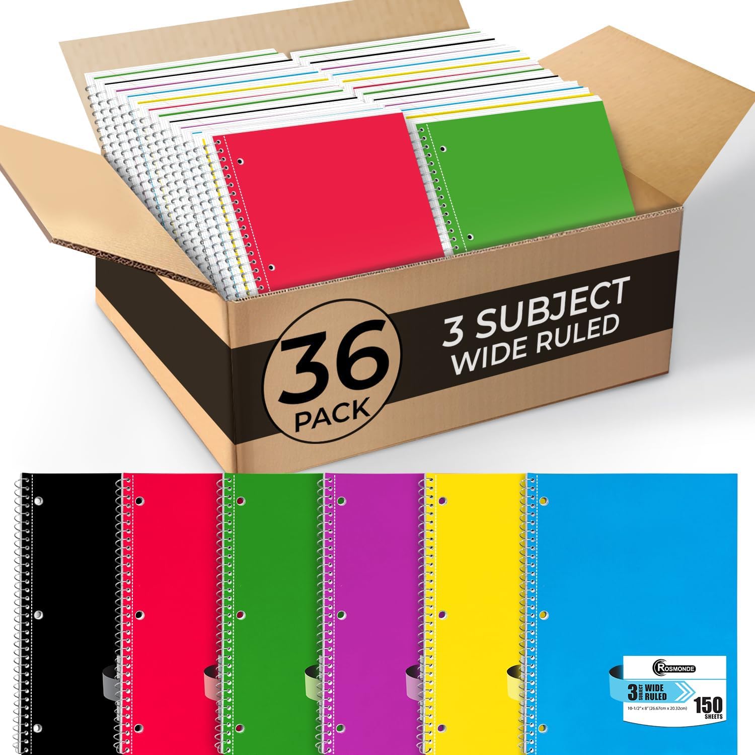 Rosmonde 36 Pack 3 Subject Spiral Notebook Wide Ruled Bulk, Thick Paper, 300 Pages (150 Sheets), 8 x 10-1/2", 3 Hole Punched, Bulk Spiral Journal for School, Bulk Subject Notebooks, Assorted Colors