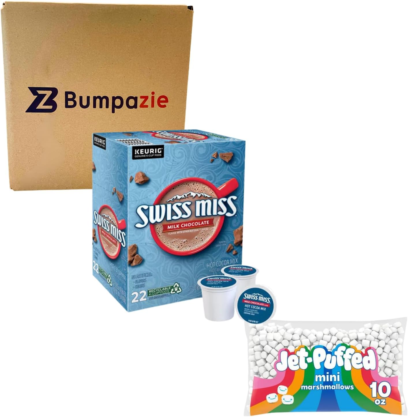 BumpazieSwiss Miss Milk Chocolate Hot Cocoa, Keurig Single Serve K Cup Pods, Paired with Jet Puffed Mini Marshmallows - 1 box 22 count Pods and 1 10 oz. Marshmallow Bag