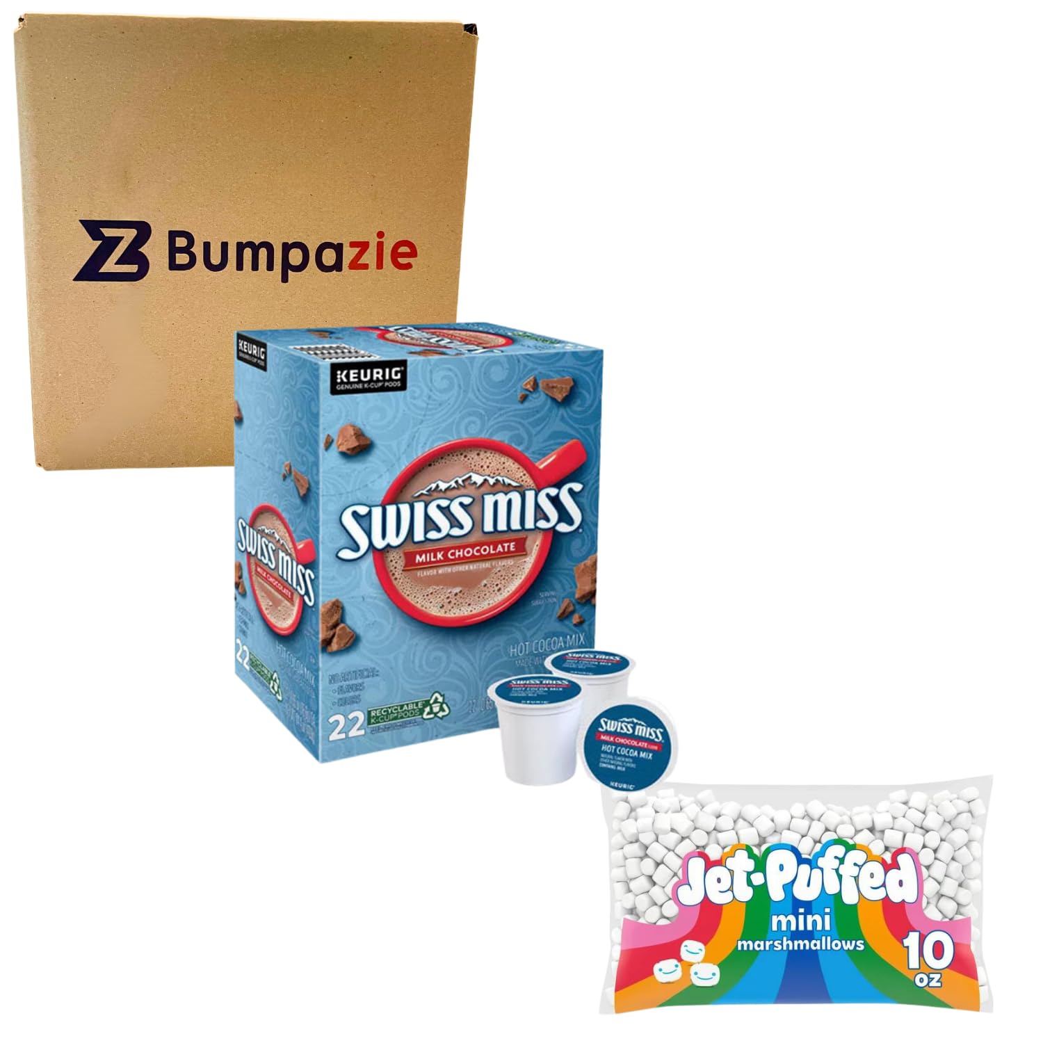 BumpazieSwiss Miss Milk Chocolate Hot Cocoa, Keurig Single Serve K Cup Pods, Paired with Jet Puffed Mini Marshmallows - 1 box 22 count Pods and 1 10 oz. Marshmallow Bag